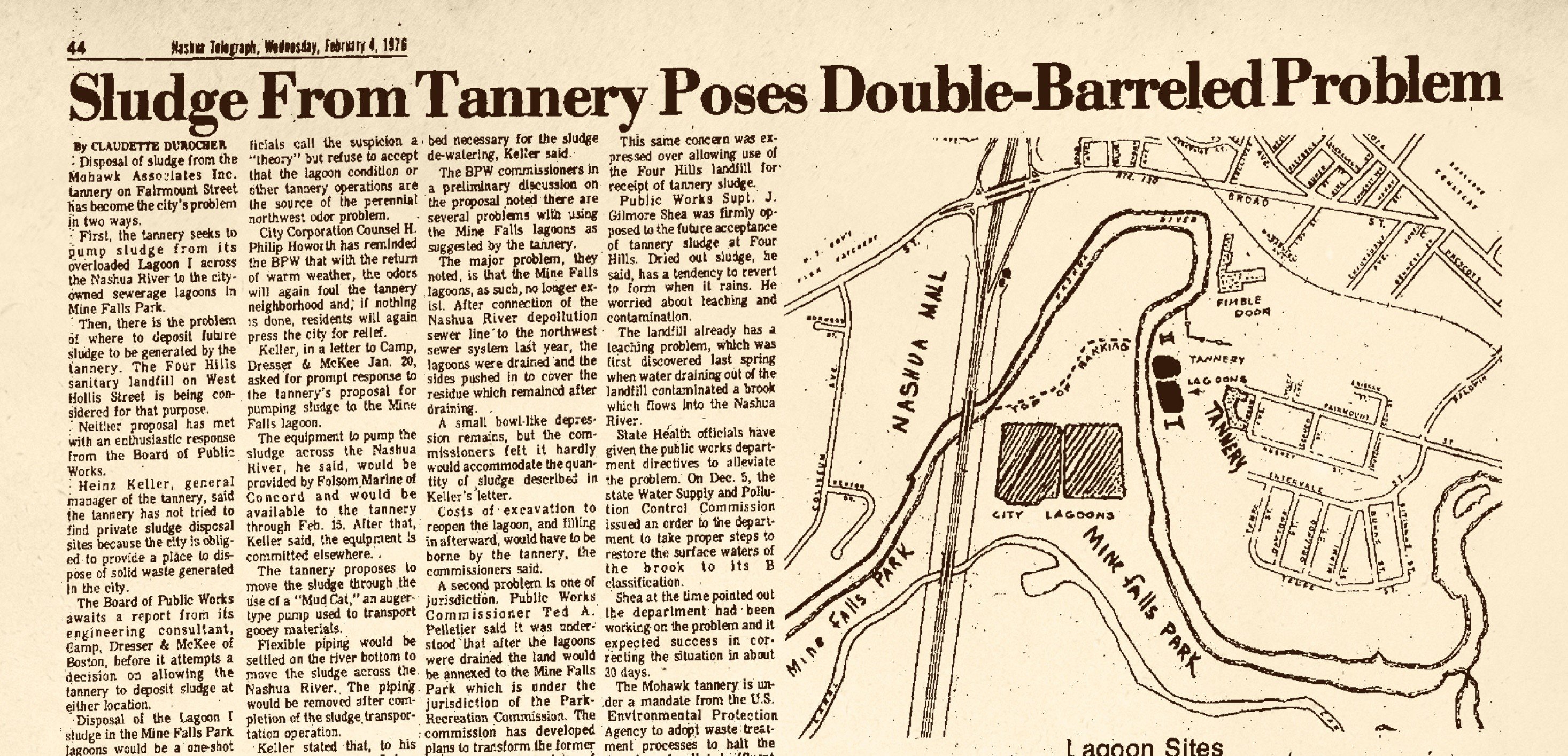 Nashua Telegraph February 4 1976 — article about Mohawk Associates tannery on Fairmount Street, Nashua NH, with site map showing tannery lagoons and Mine Falls Park
