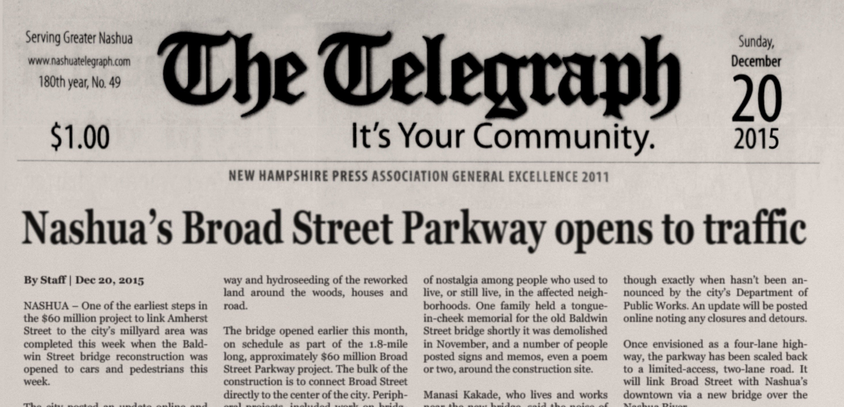 Nashua Telegraph front page December 20 2015 — headline: Nashua's Broad Street Parkway opens to traffic