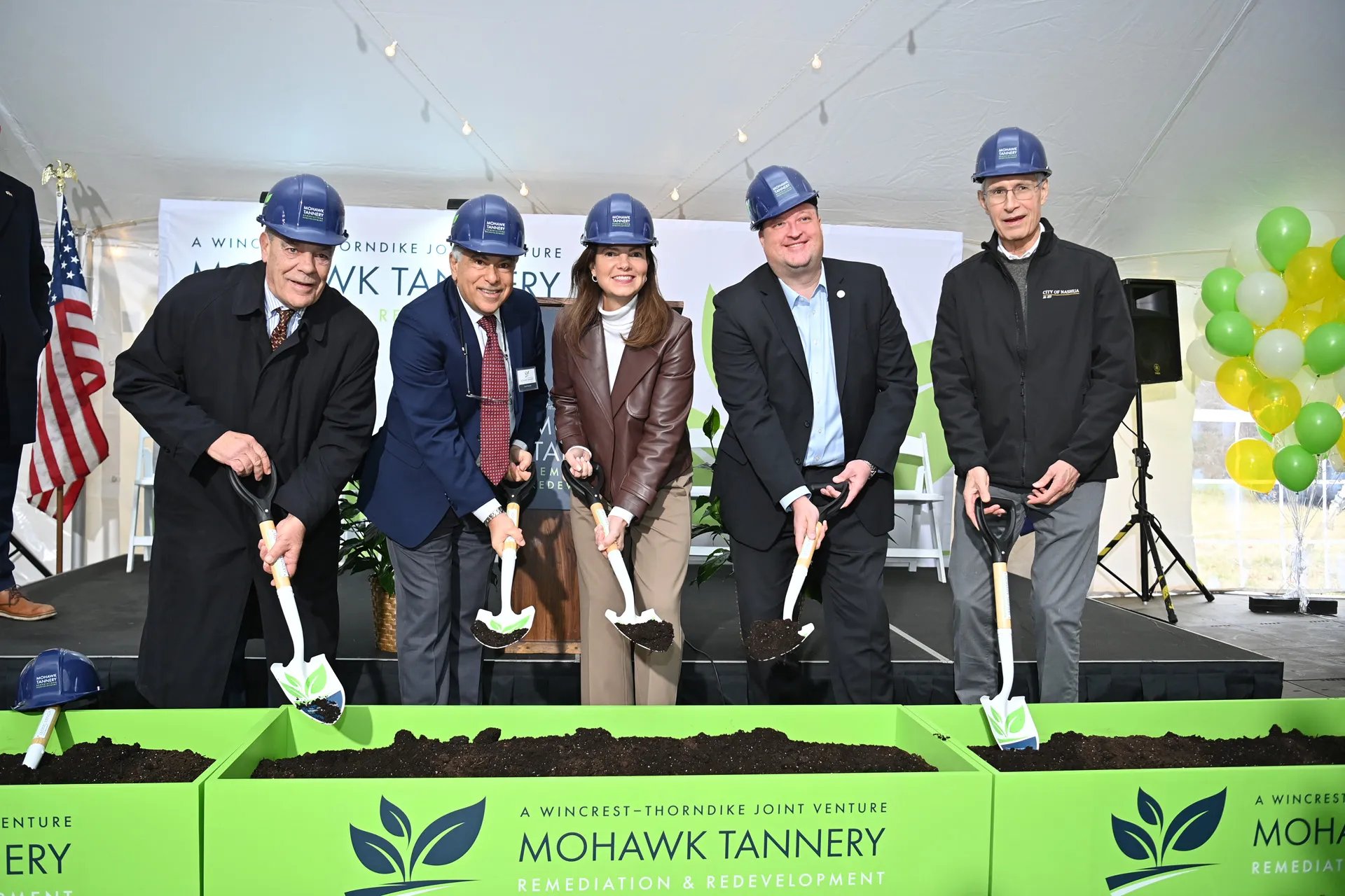 Mohawk Tannery groundbreaking in Nashua NH — Lloyd Geisinger of Thorndike Development with NH Governor Kelly Ayotte