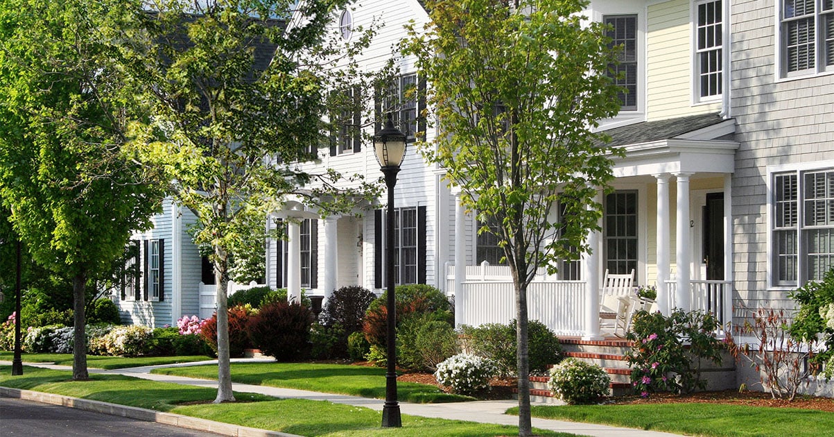 Front-porch single-family homes along a tree-lined street at Chapman's Reach, Thorndike's award-winning community in Quincy MA