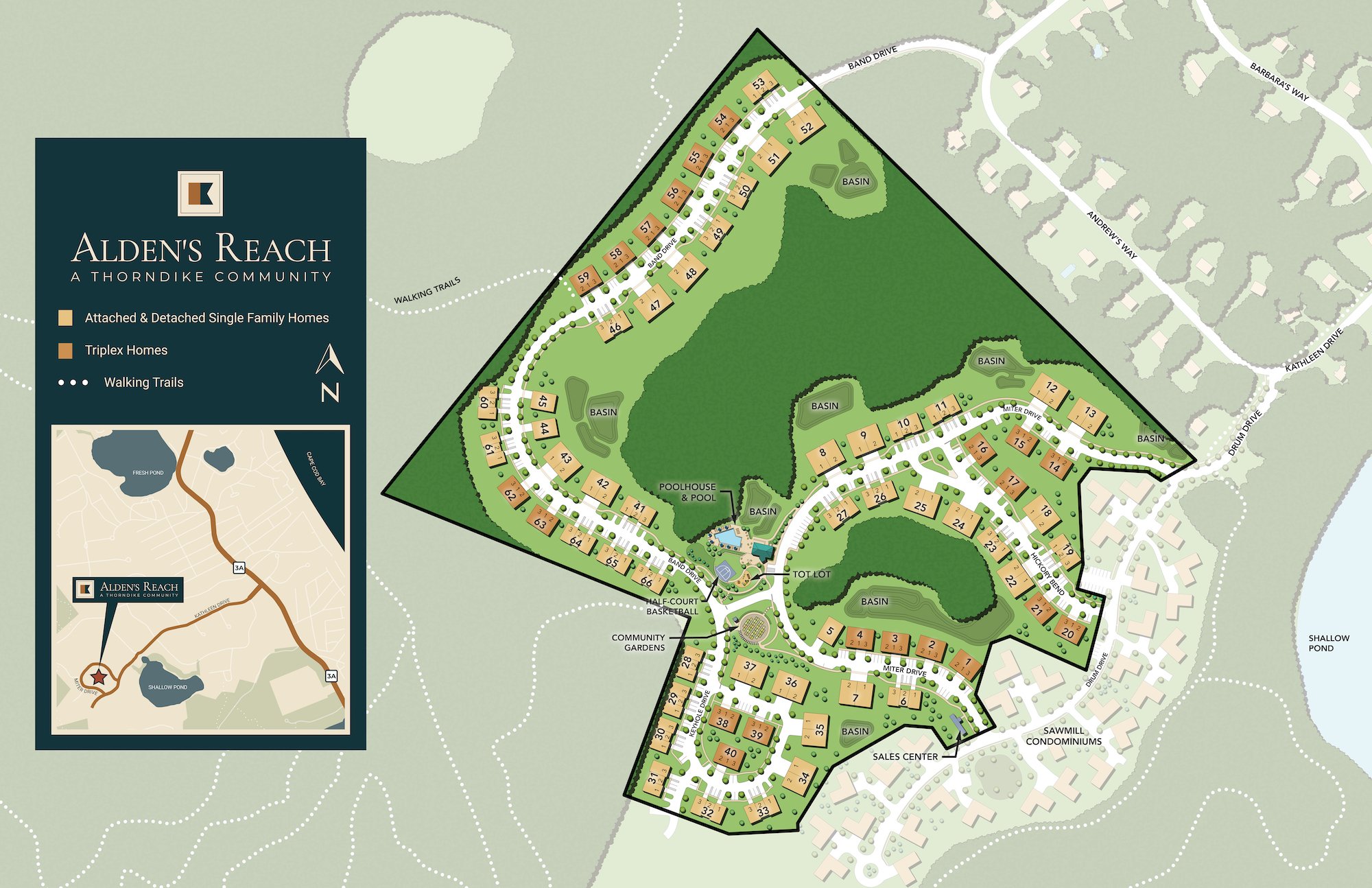 Alden's Reach site plan — 152 new homes in Plymouth MA with pool, walking trails, and conservation land