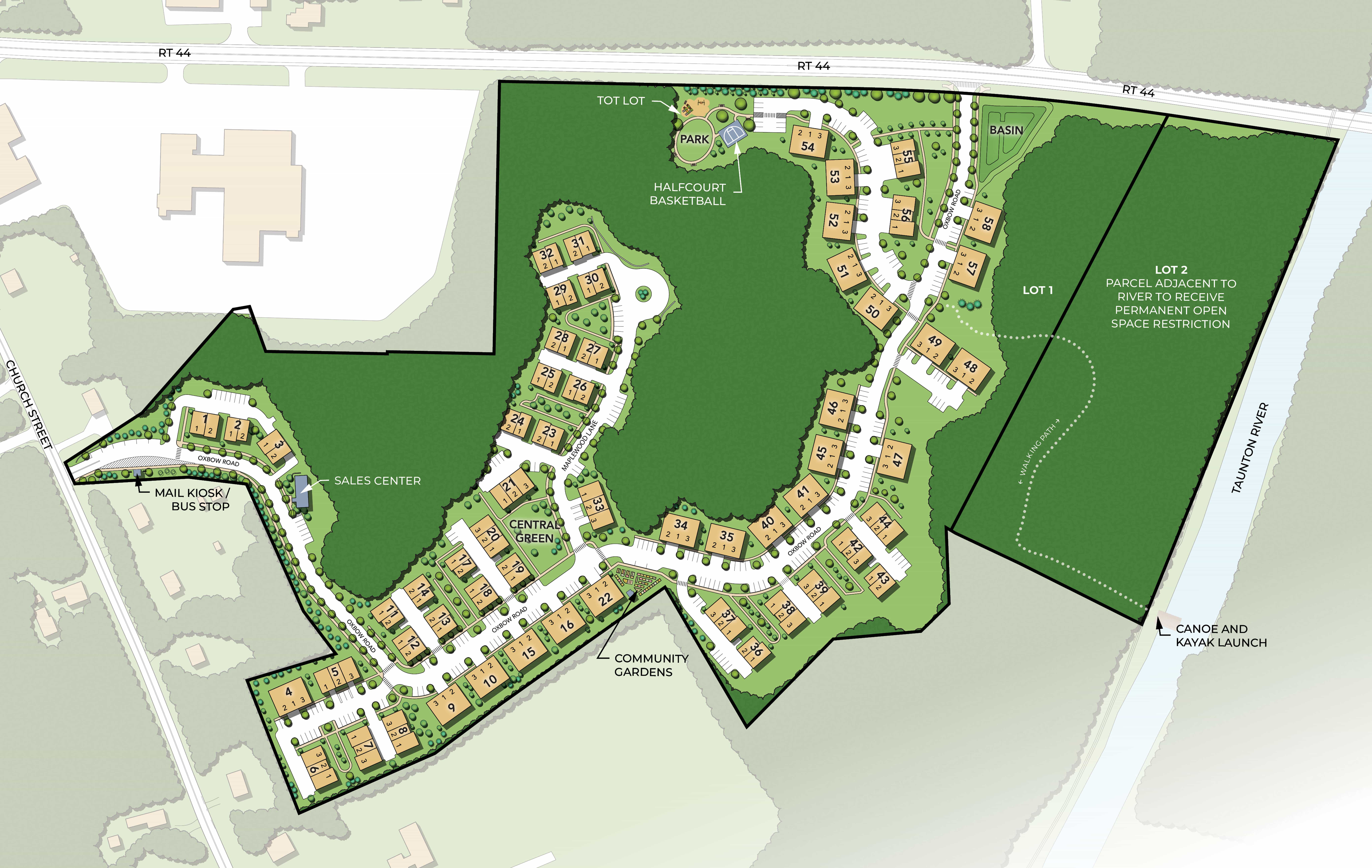 Site plan of Larkwood new construction community in Raynham MA with home sites and amenities
