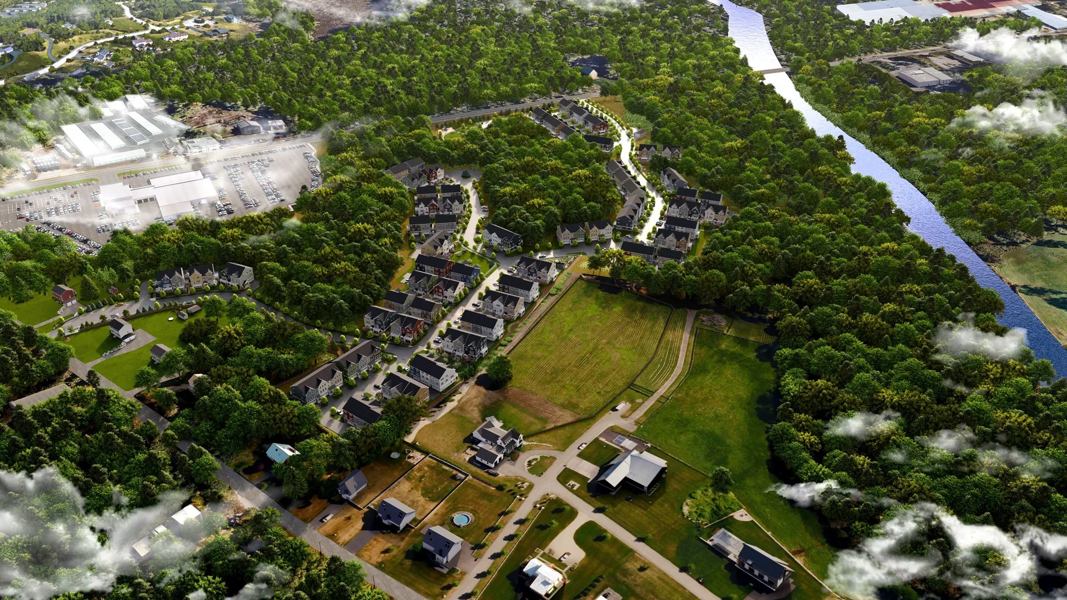 Aerial rendering of Larkwood new home community in Raynham MA along the Taunton River