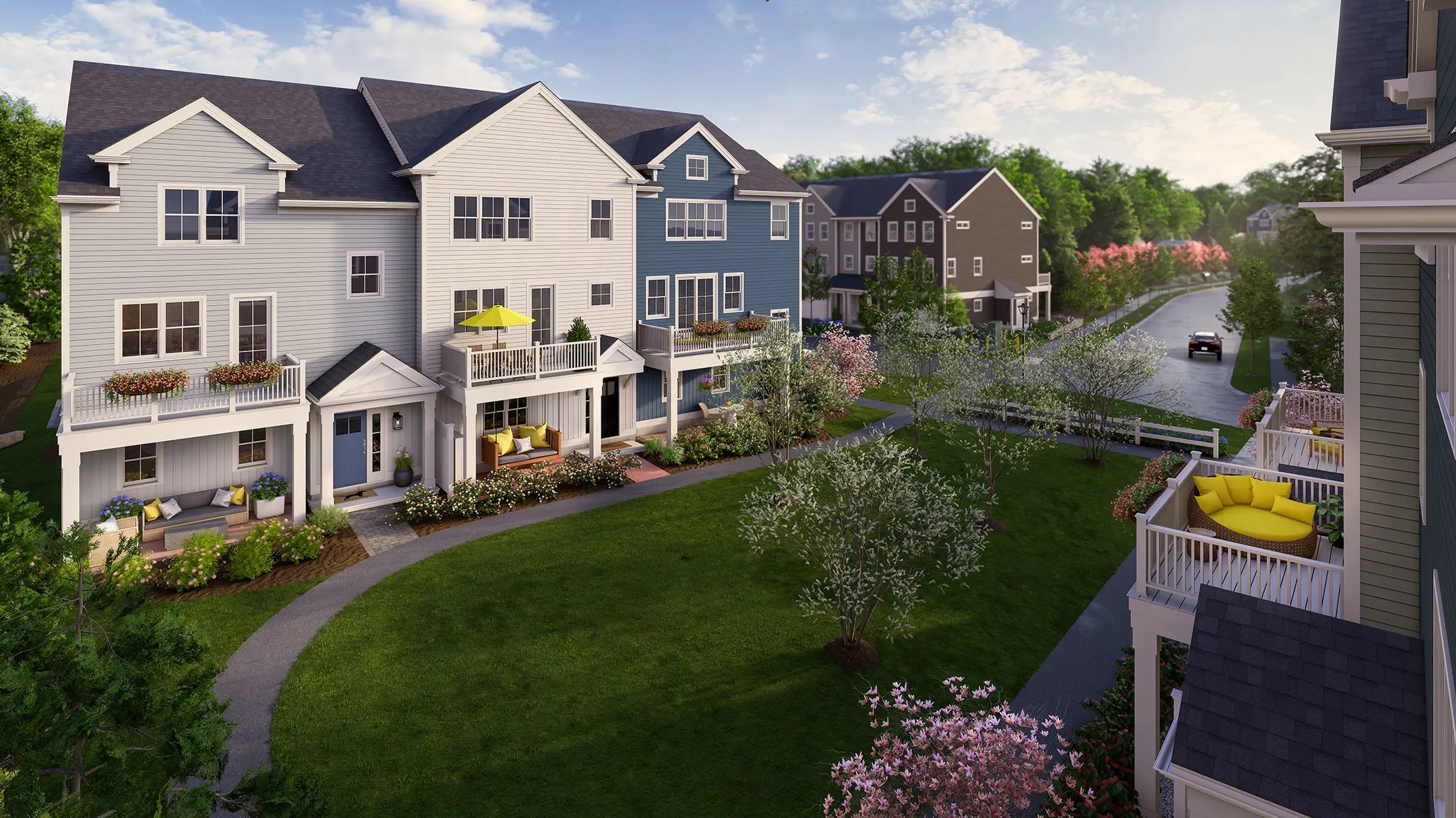 Rendering of Larkwood townhome community courtyard and streetscape in Raynham MA