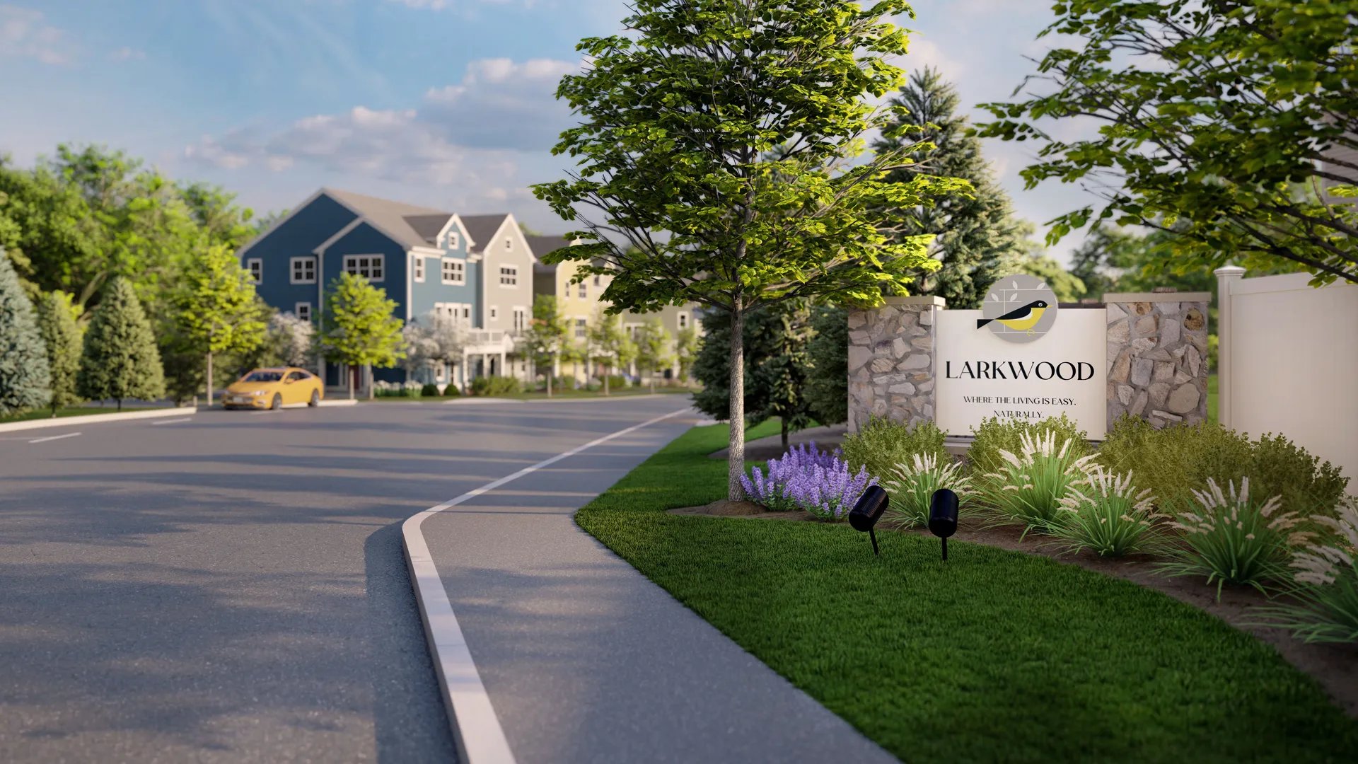 Larkwood community entrance sign in Raynham MA with stone monument
