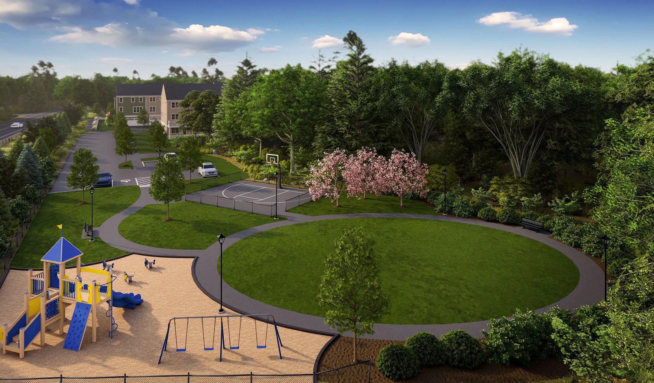 Rendering of Larkwood park in Raynham MA with playground half-court basketball and paths