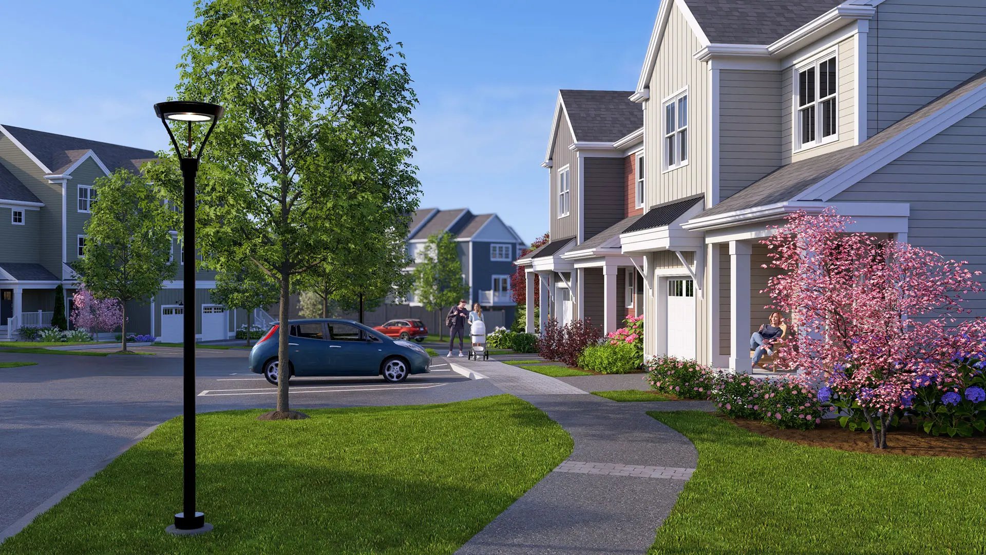 Streetscape of new construction homes for sale at Alden's Reach condos in Plymouth MA