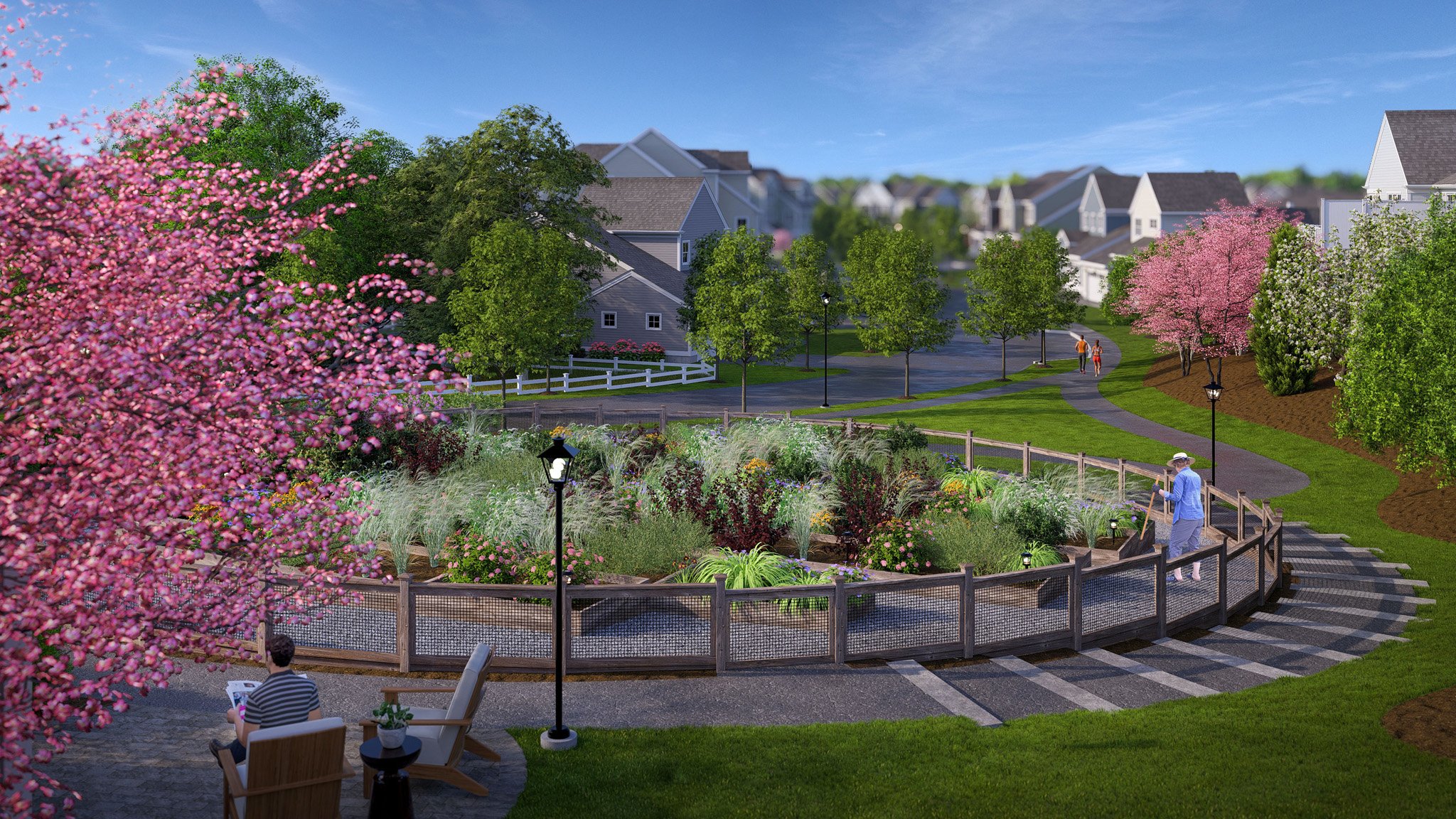 Raised-bed community gardens at Alden's Reach new construction condos in Plymouth MA