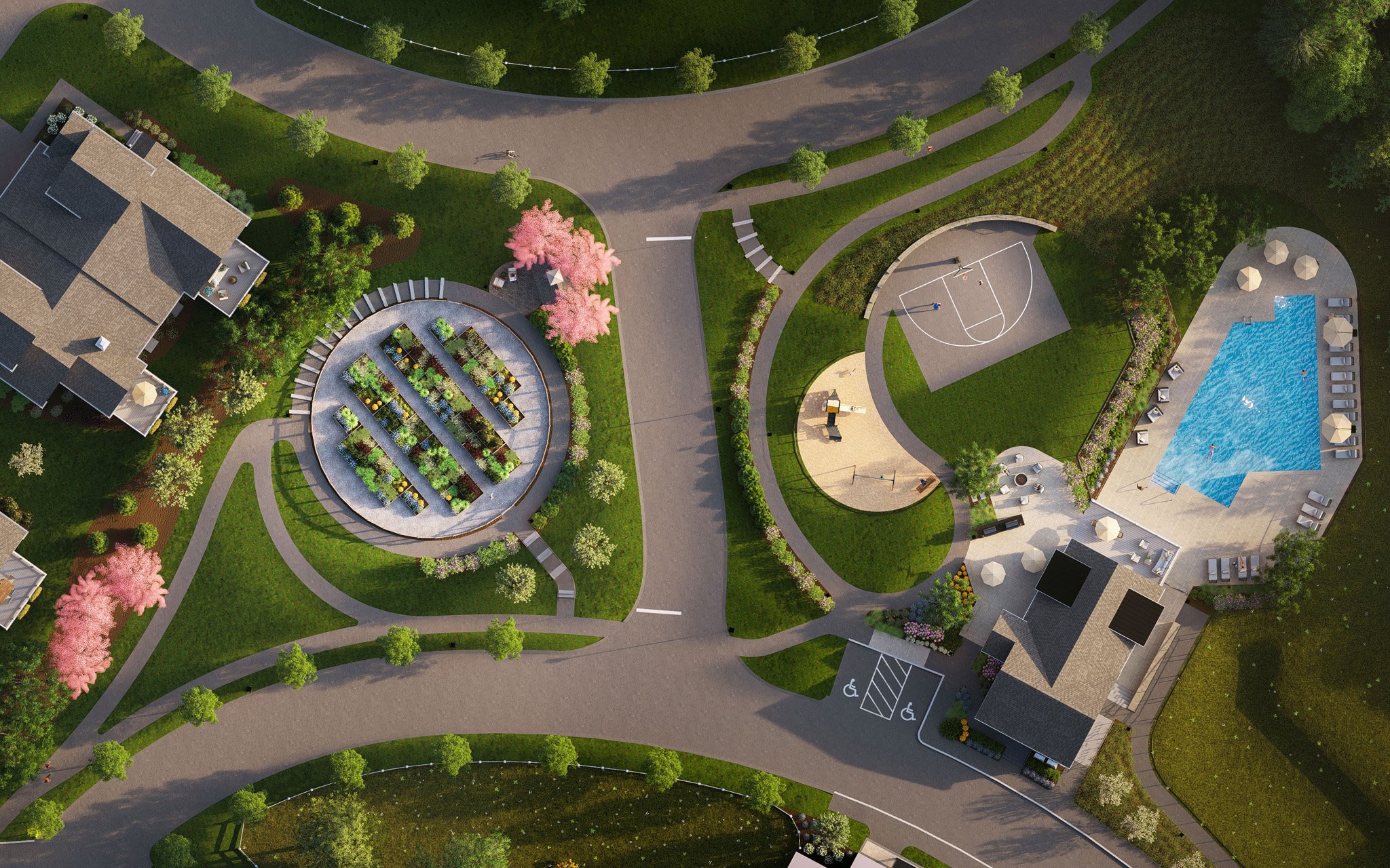 Aerial view of Alden's Reach amenities including pool, community gardens, and gathering spaces in Plymouth MA