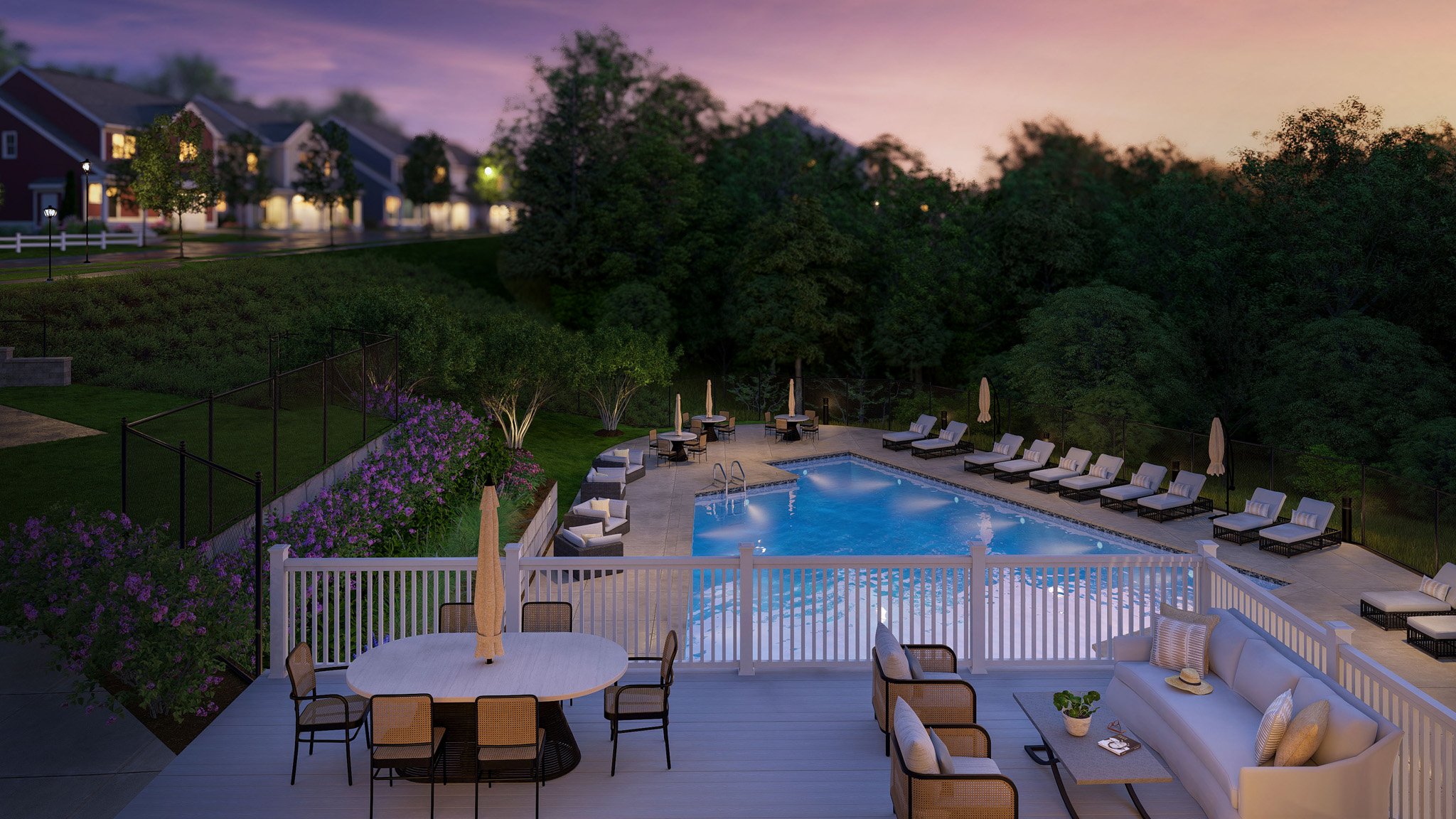 Poolhouse deck and upper terrace at Alden's Reach new construction community in Plymouth MA