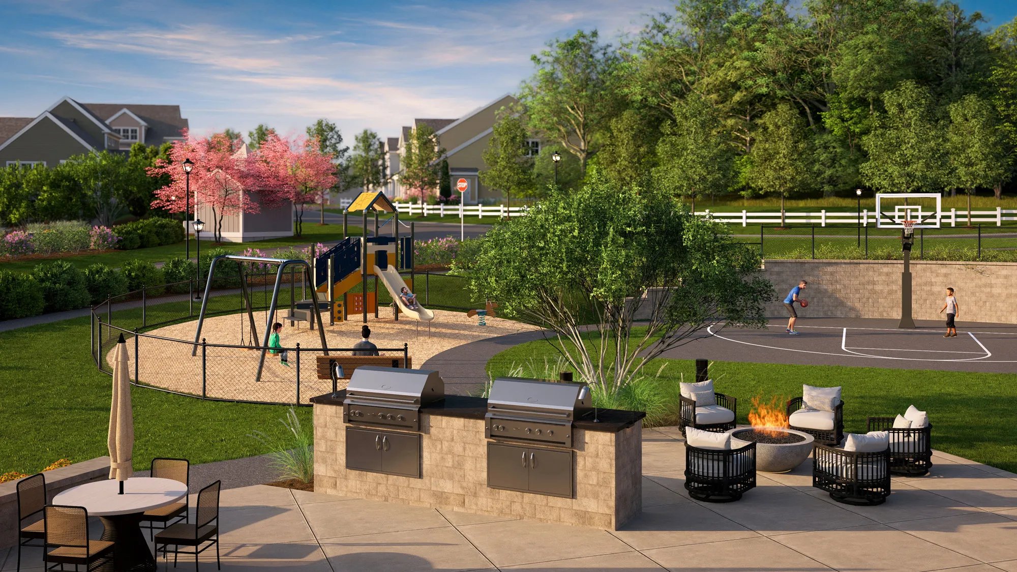 Half-court basketball and tot-lot playground at Alden's Reach new construction condos in Plymouth MA