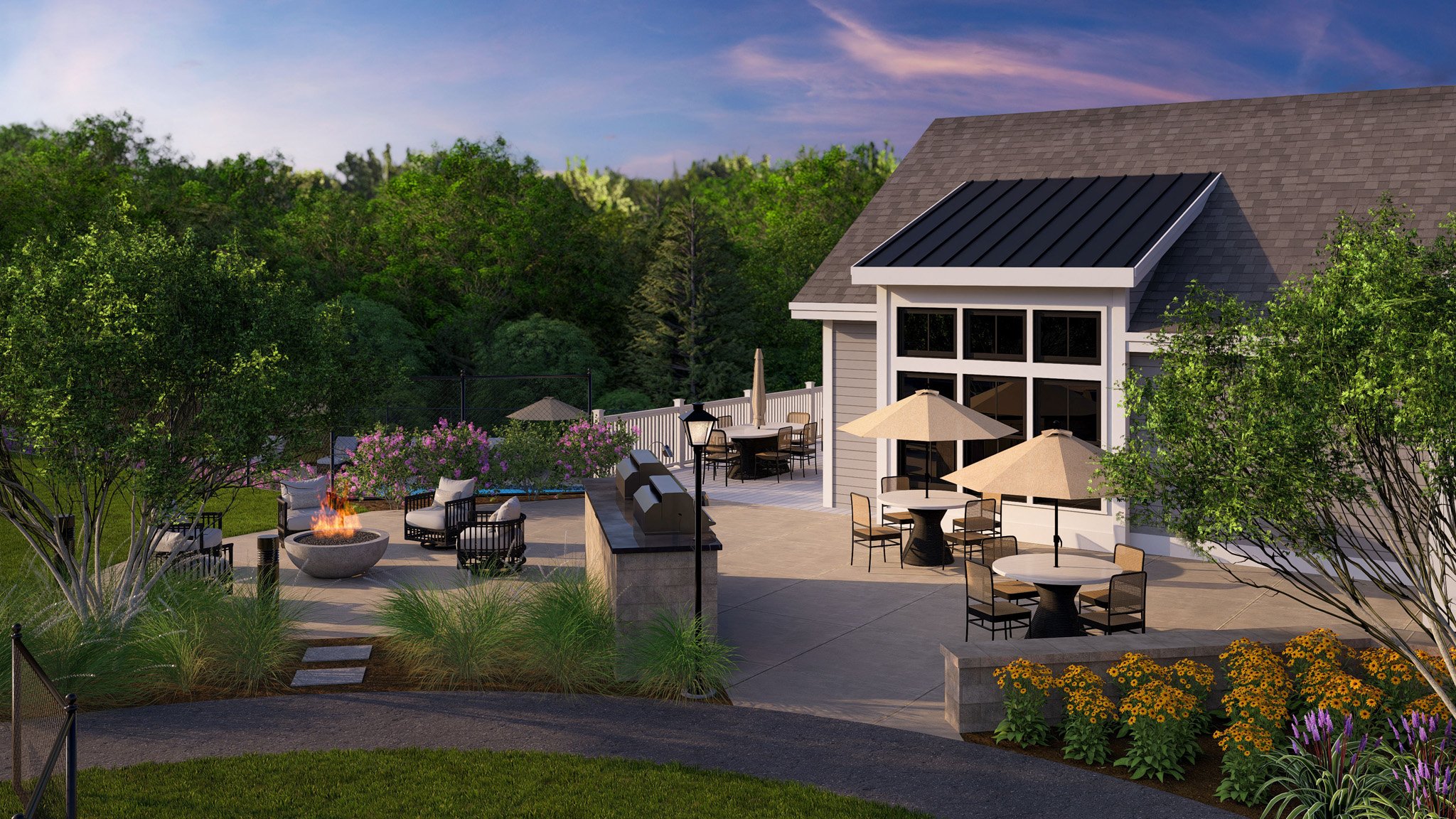 Outdoor firepit and grilling patio at Alden's Reach new construction community in Plymouth MA