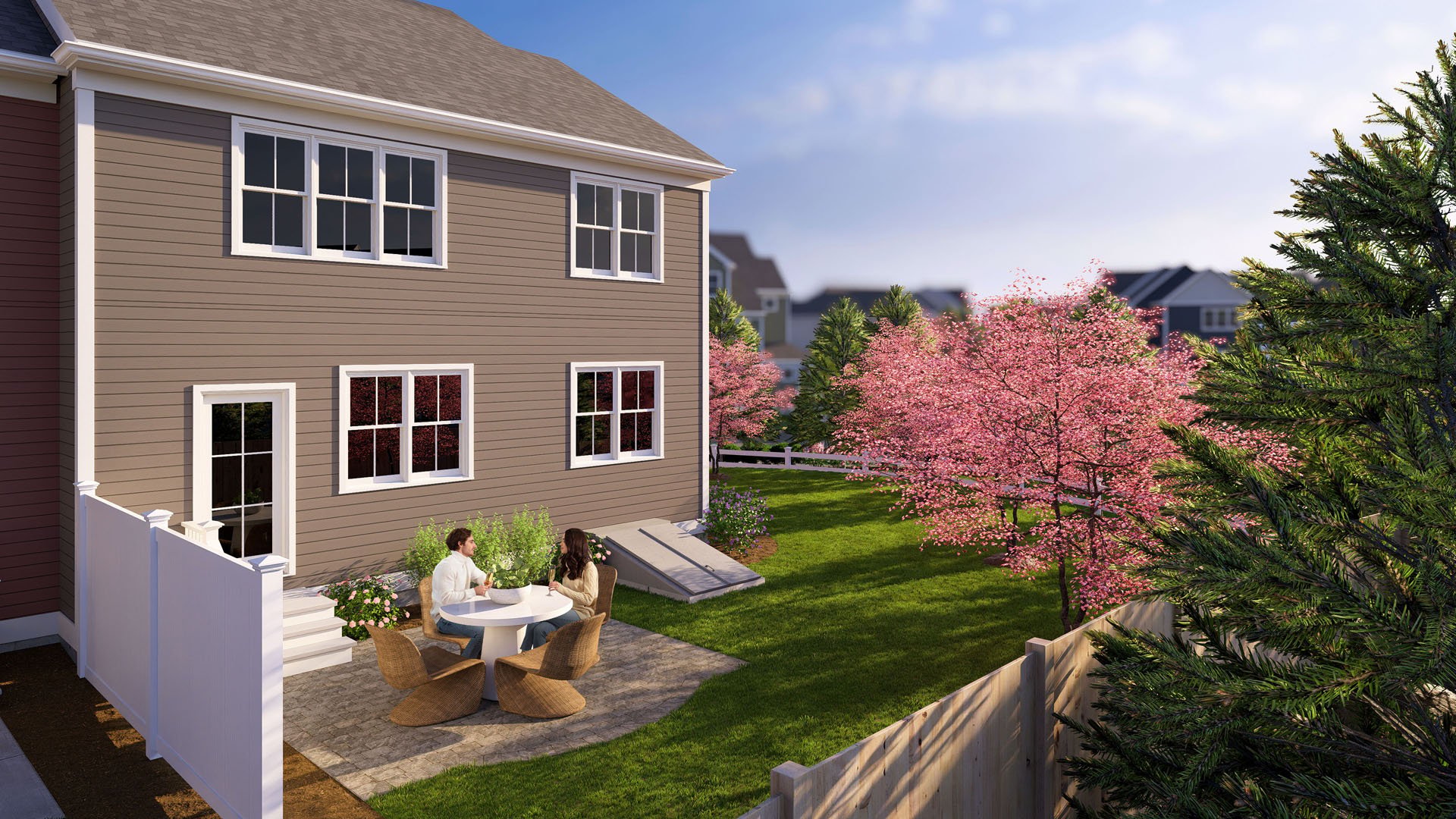 Private backyard patio and rear exterior at Alden's Reach new construction homes in Plymouth MA