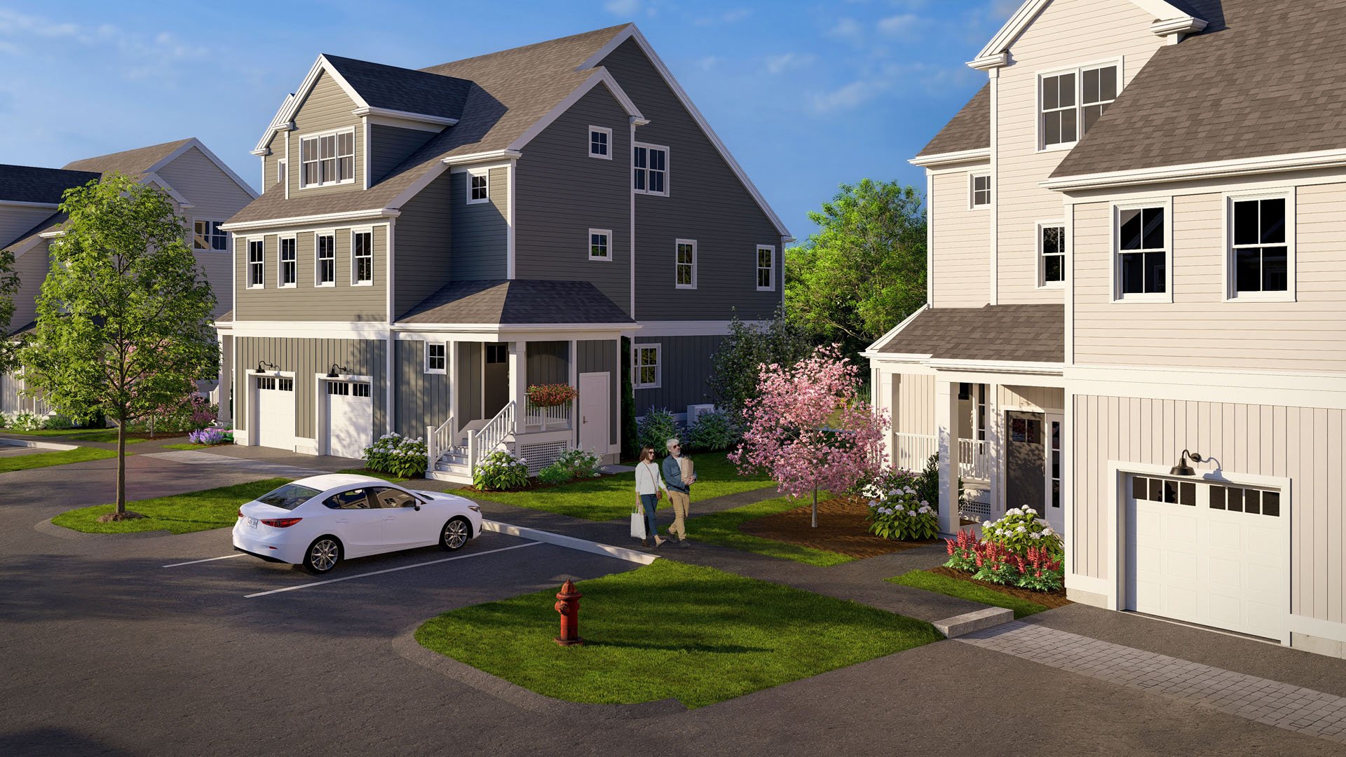 Exterior of new construction triplex homes for sale at Alden's Reach in Plymouth MA