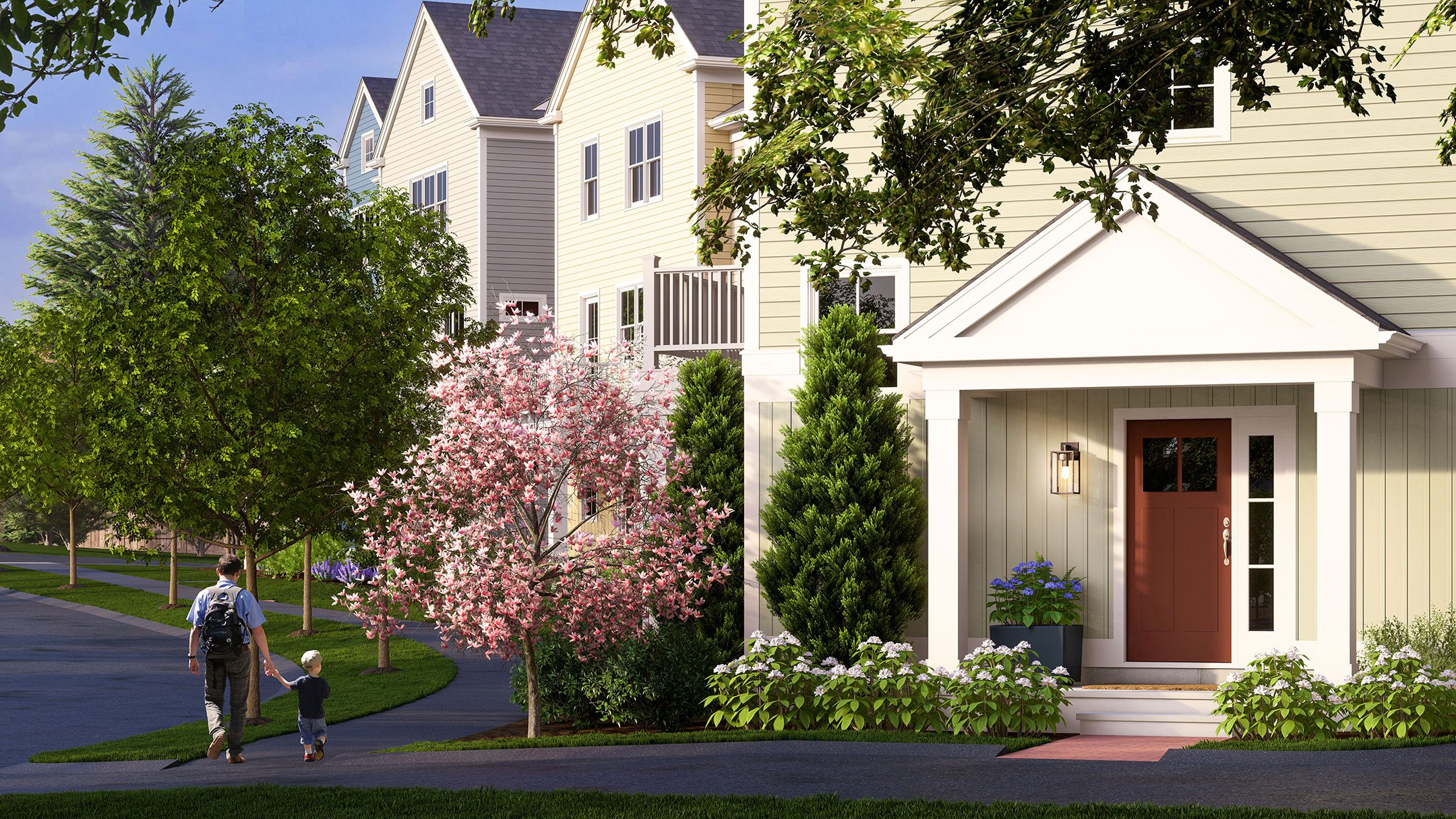 Rendering of Larkwood townhome streetscape in Raynham MA with tree-lined walkway