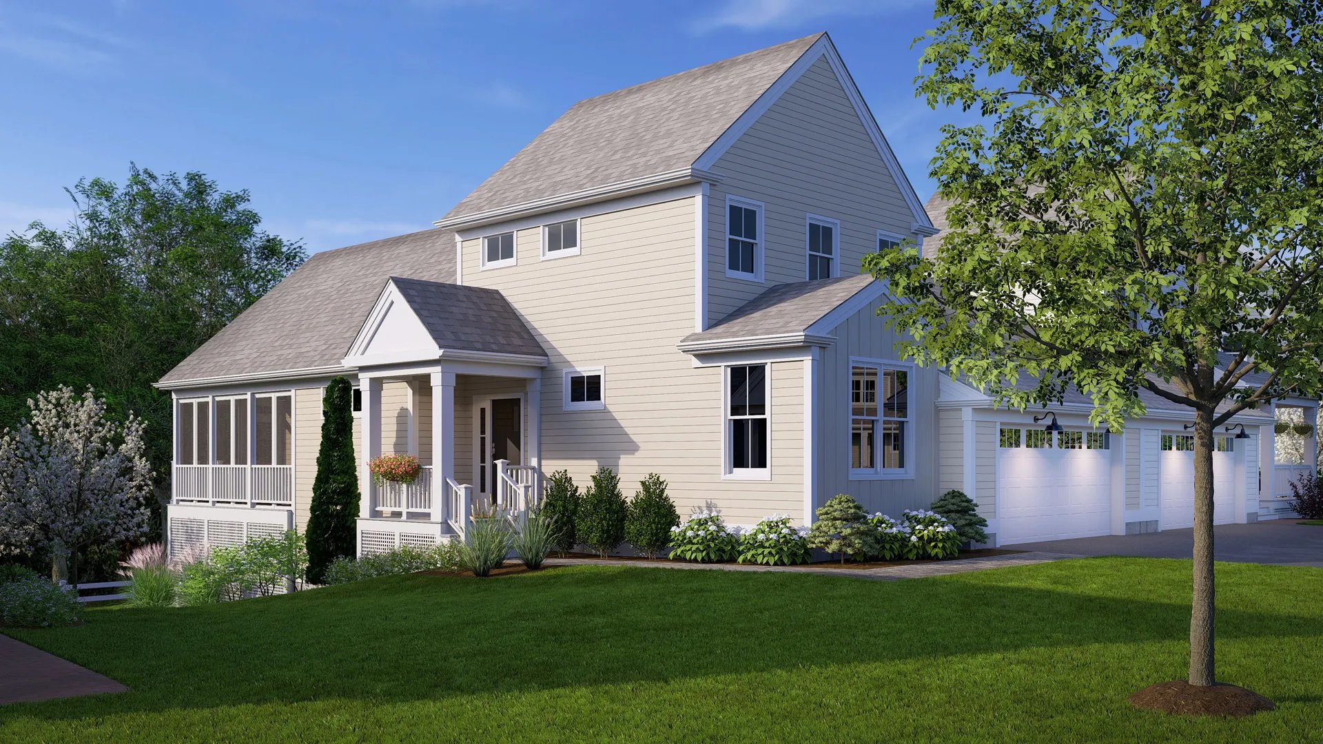 The Oak townhome exterior at Alden's Reach in Plymouth MA with 3 bedrooms and 2-car garage