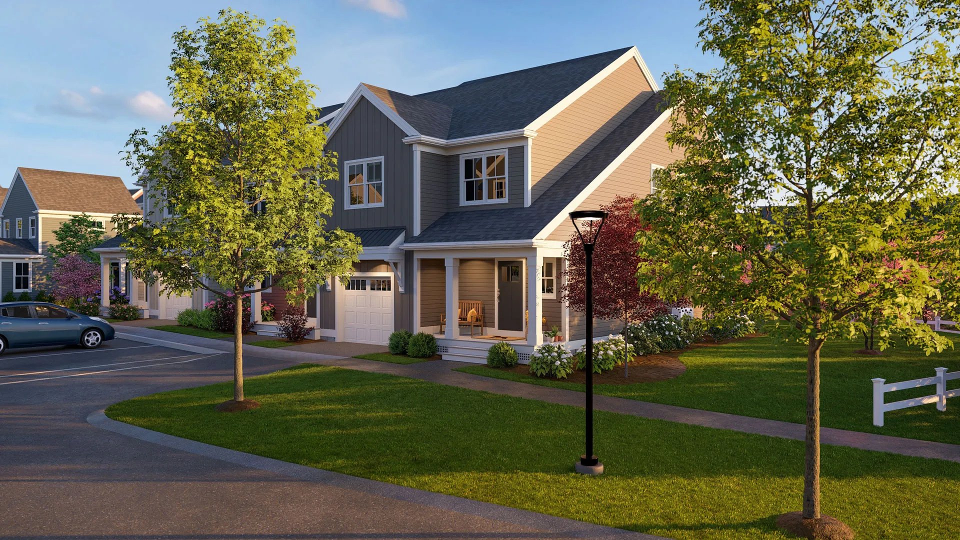 The Expanded Spruce townhome exterior at Alden's Reach in Plymouth MA with 3 bedrooms and den