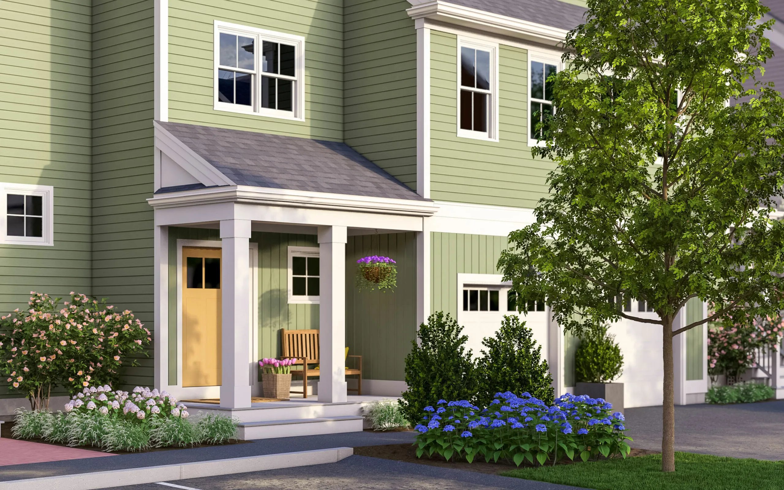 The Hickory townhome exterior at Alden's Reach in Plymouth MA with 2 bedrooms plus den