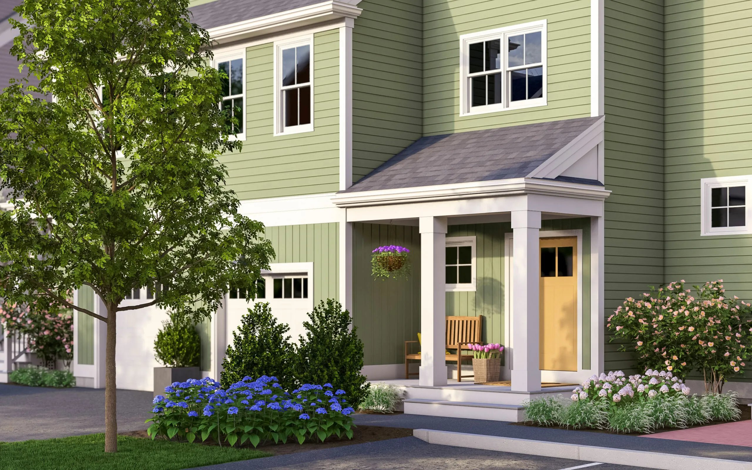 The Hickory townhome exterior at Larkwood in Raynham MA with 2 bedrooms plus den