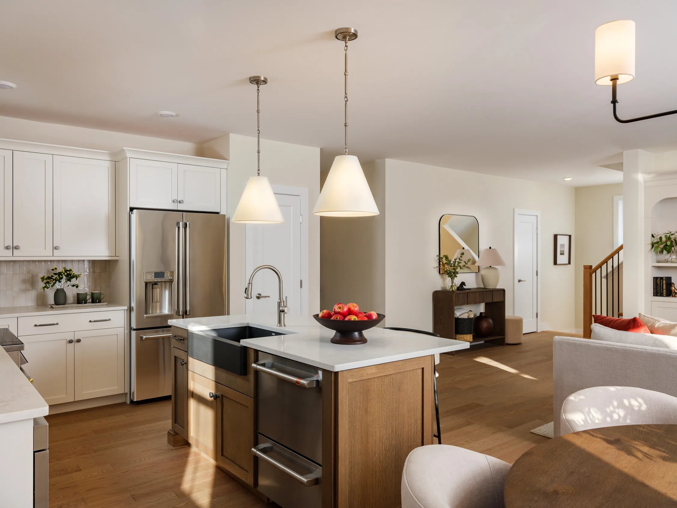 Kitchen viewed from entry foyer in the Pine at Alden's Reach in Plymouth MA