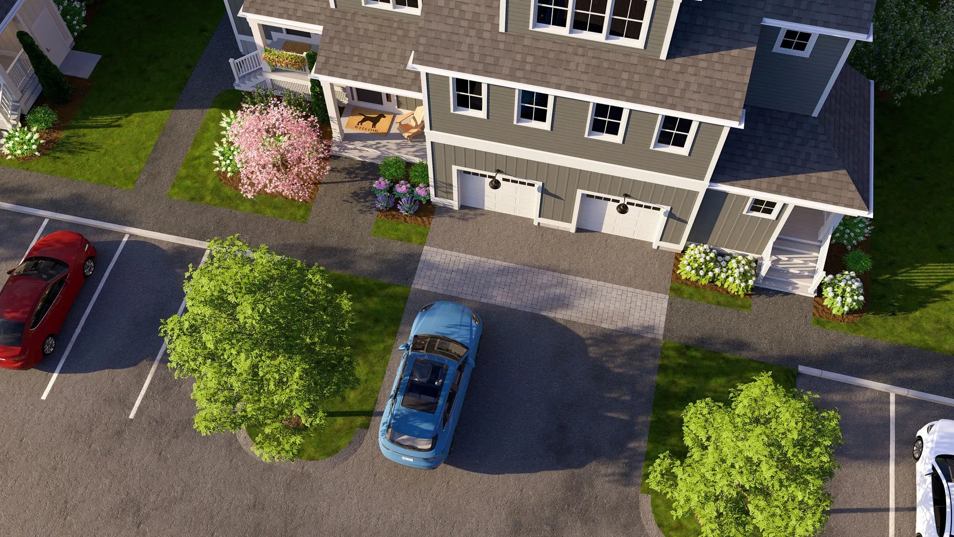 Aerial view of Pine townhomes at Alden's Reach in Plymouth MA