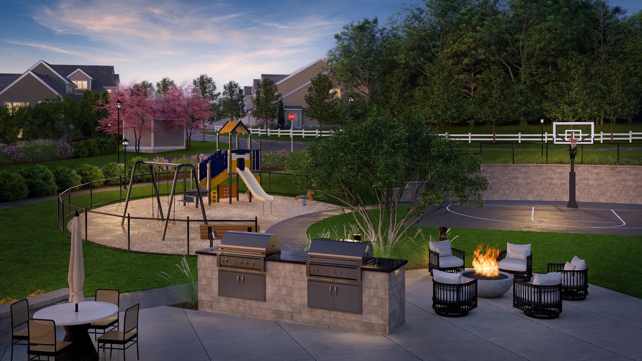 Firepit and grilling area at Alden's Reach in Plymouth MA