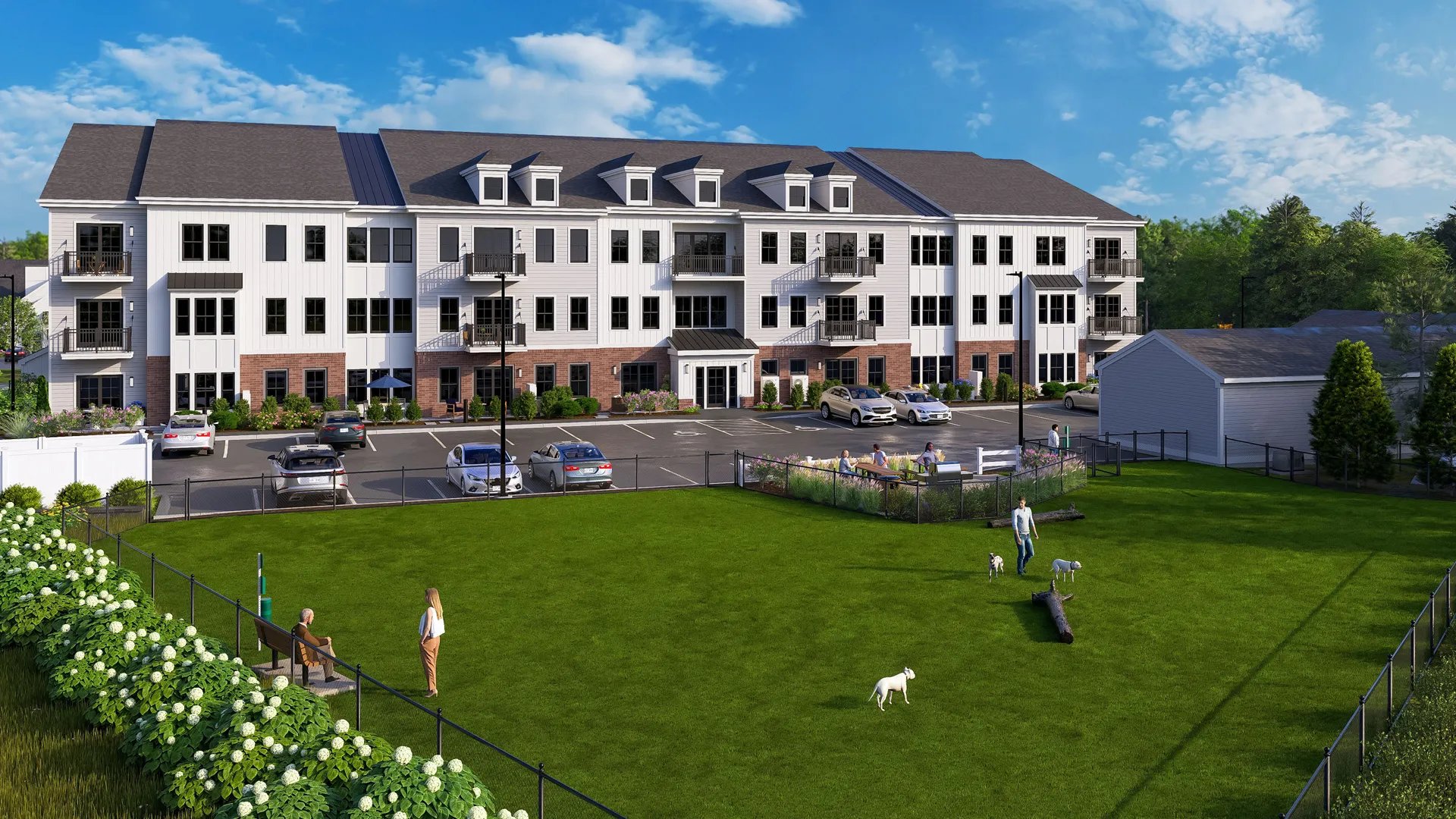 On-site dog park at Featherwinds pet-friendly 55+ community in Halifax MA