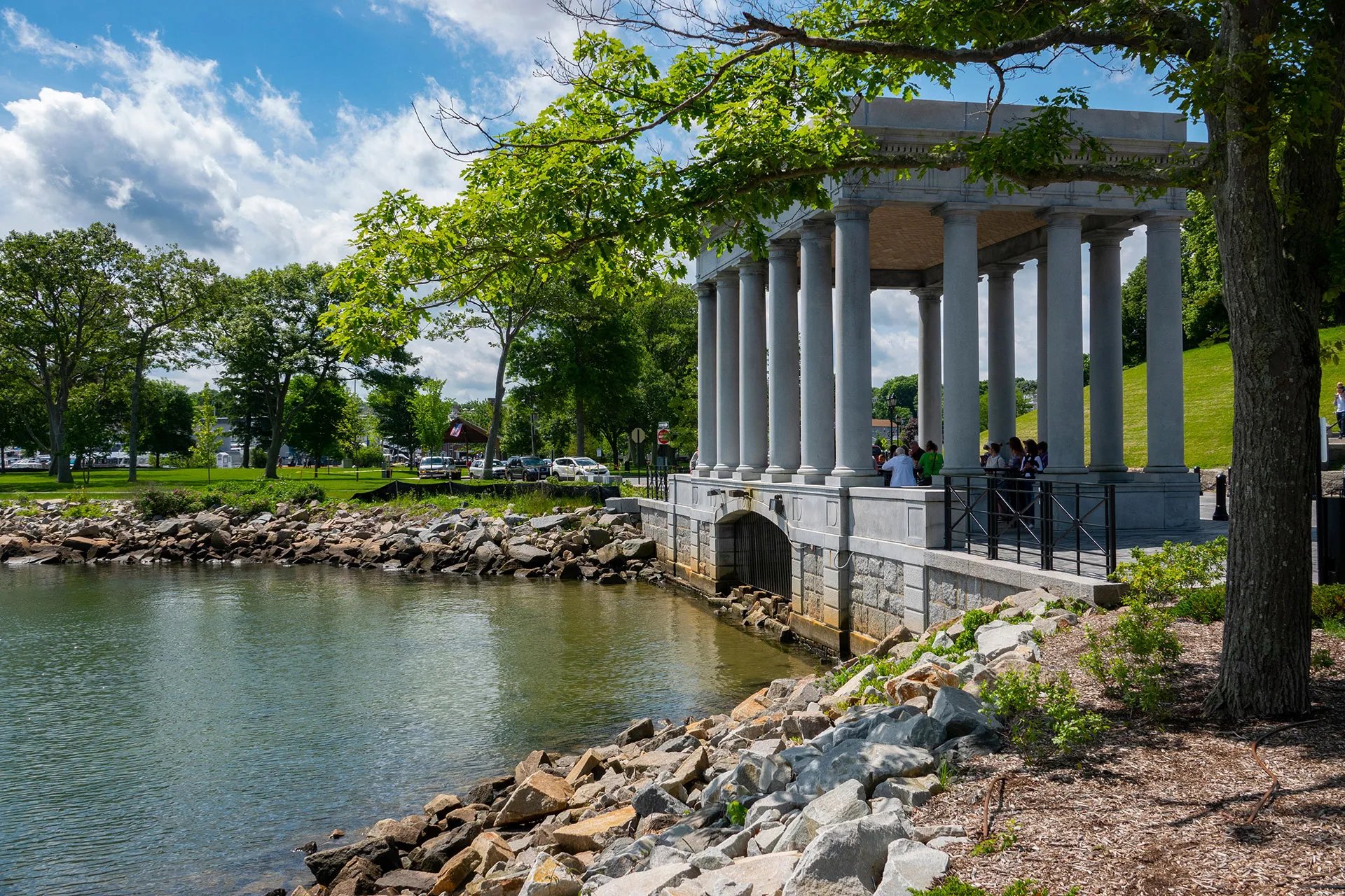 Plymouth Rock colonnade monument on the Plymouth MA waterfront near Alden's Reach