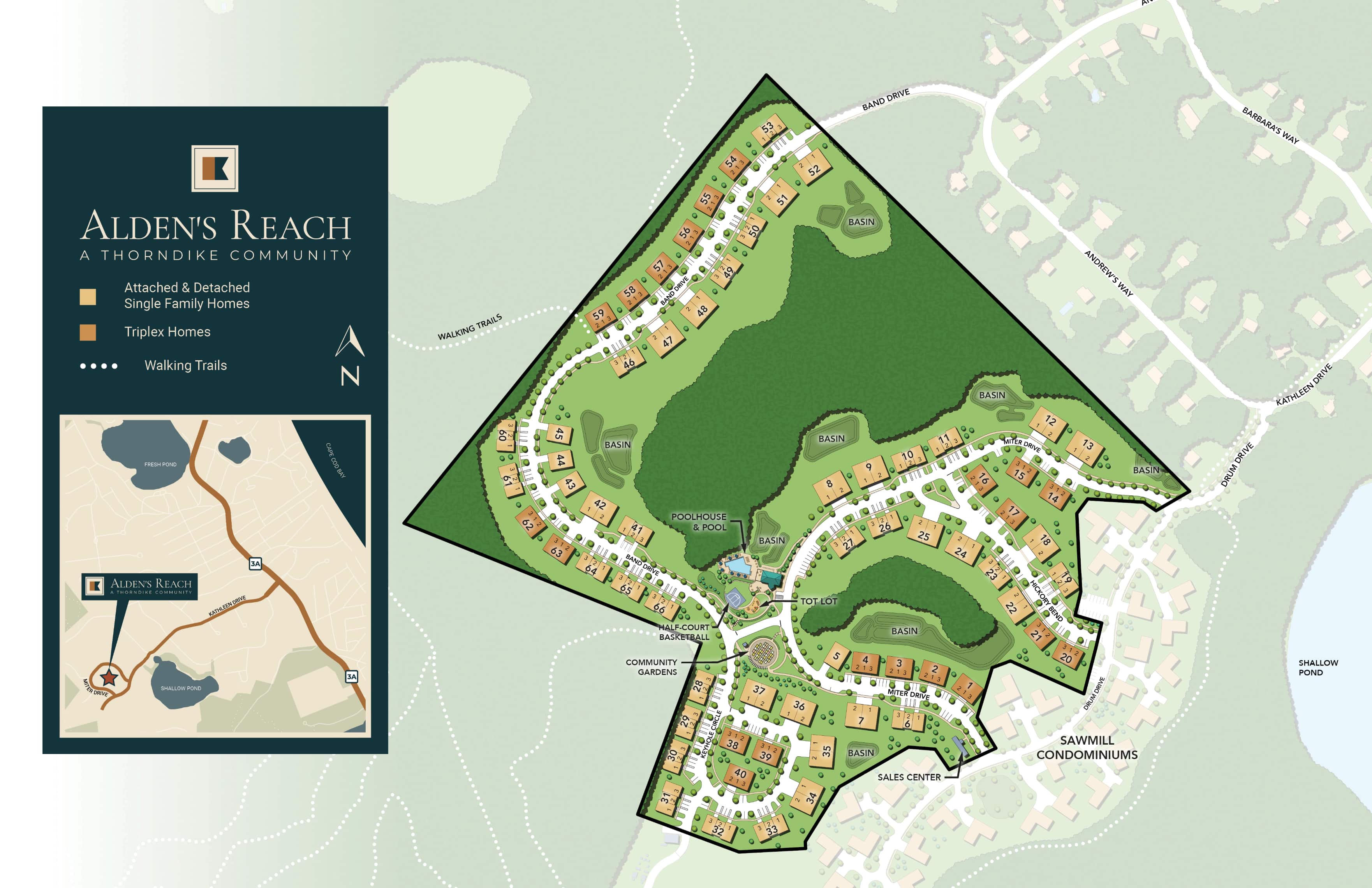 Alden's Reach site plan in Plymouth MA showing 152 homes with pool, community gardens, and tot lot