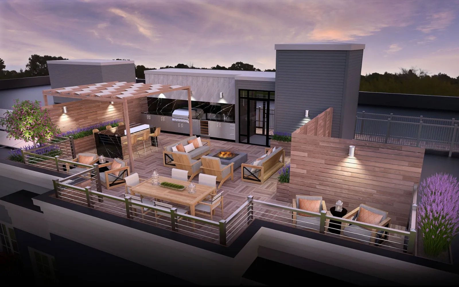 Furnished rooftop deck with seating areas at Sawyer's Reach condo community Plymouth MA