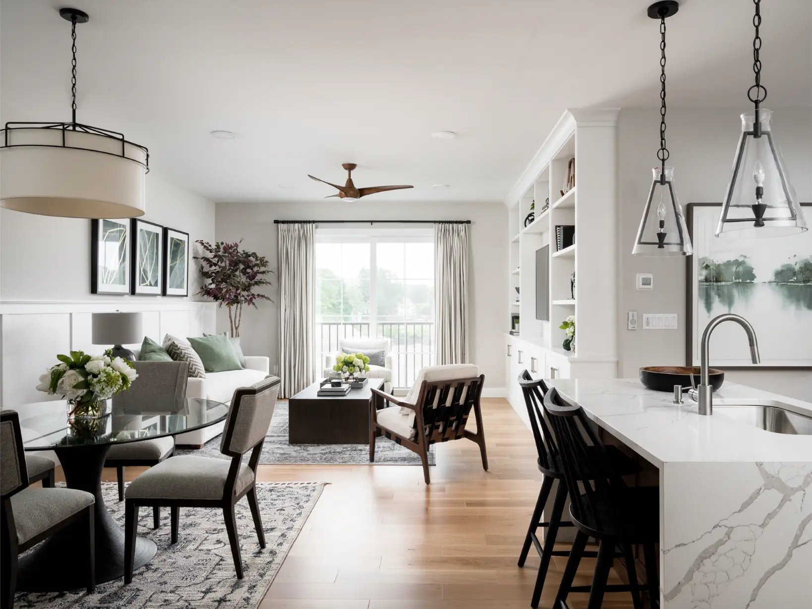 Kitchen and living area in model home in Canton, MA