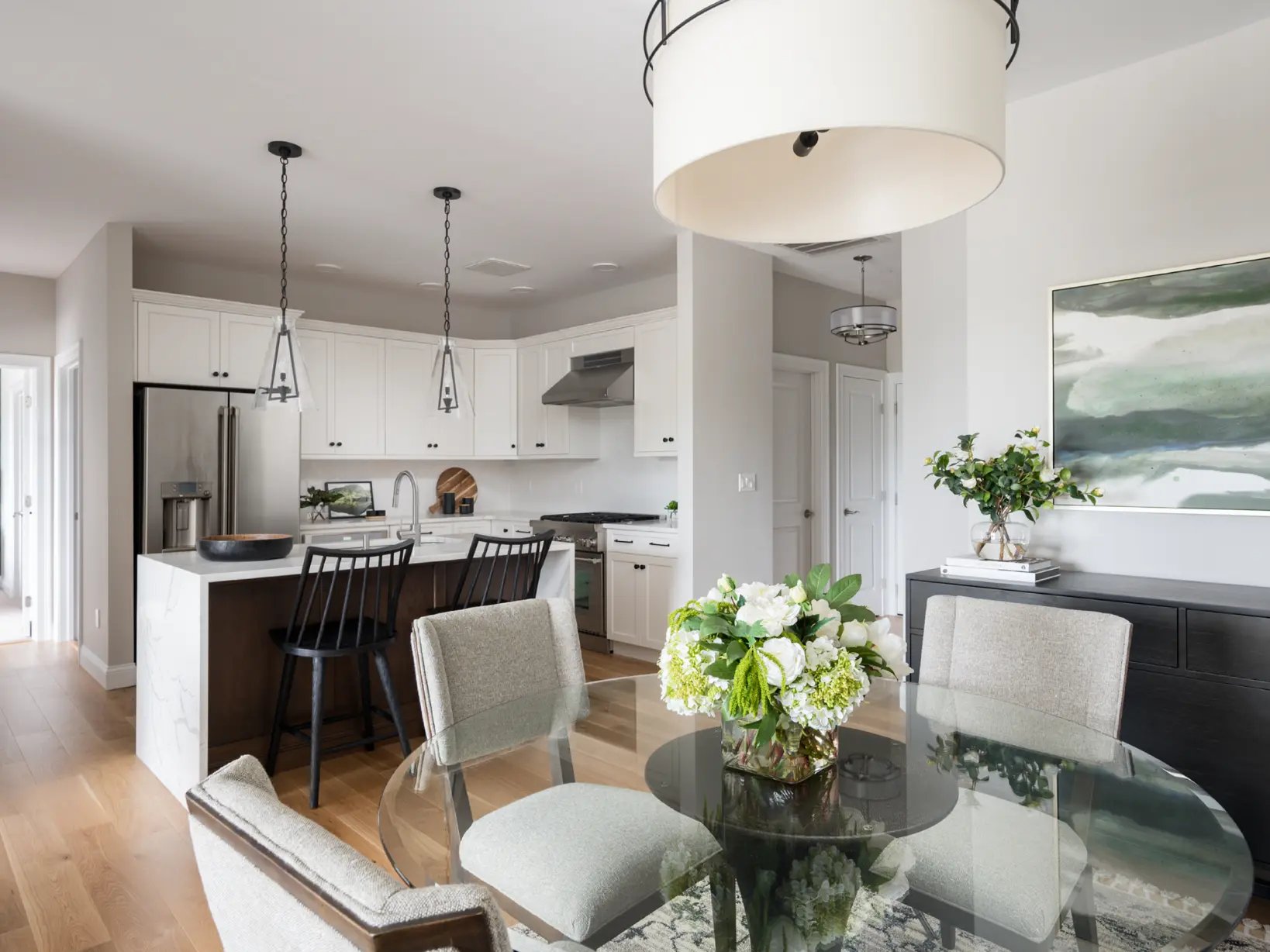 Kitchen and living area in model home in Canton, MA