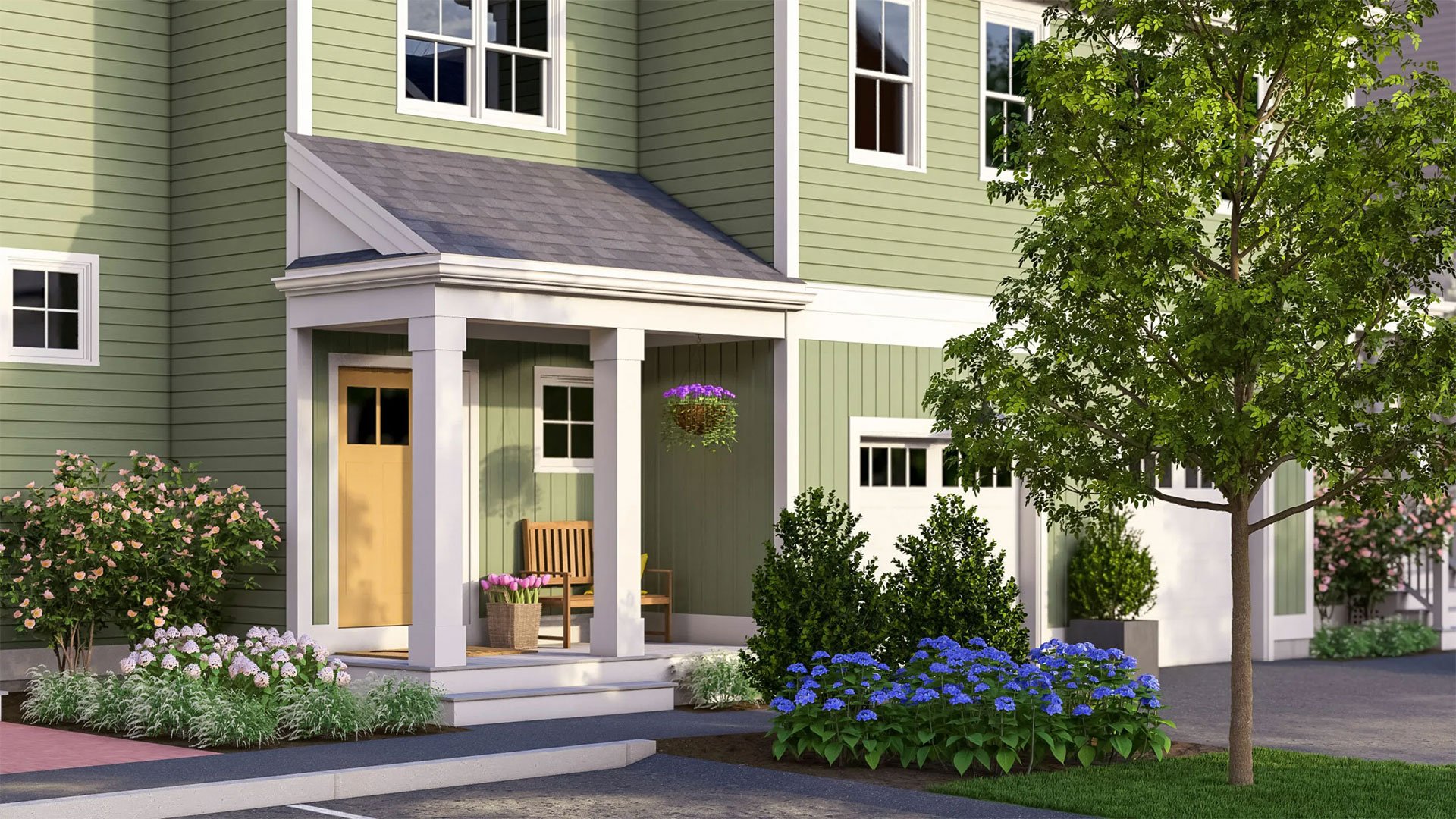 The Hickory townhome exterior at Alden's Reach in Plymouth MA with 2 bedrooms plus den