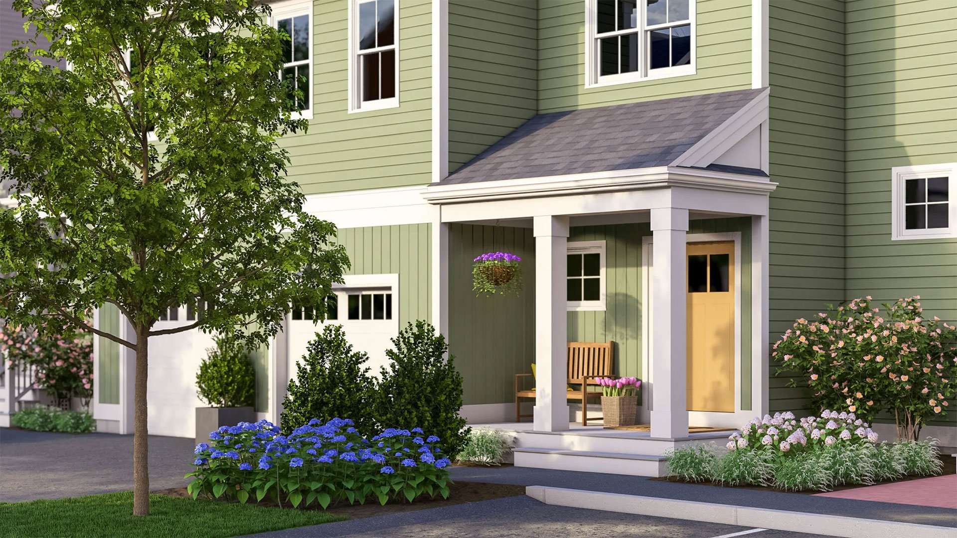 The Hickory townhome exterior at Larkwood in Raynham MA with 2 bedrooms plus den