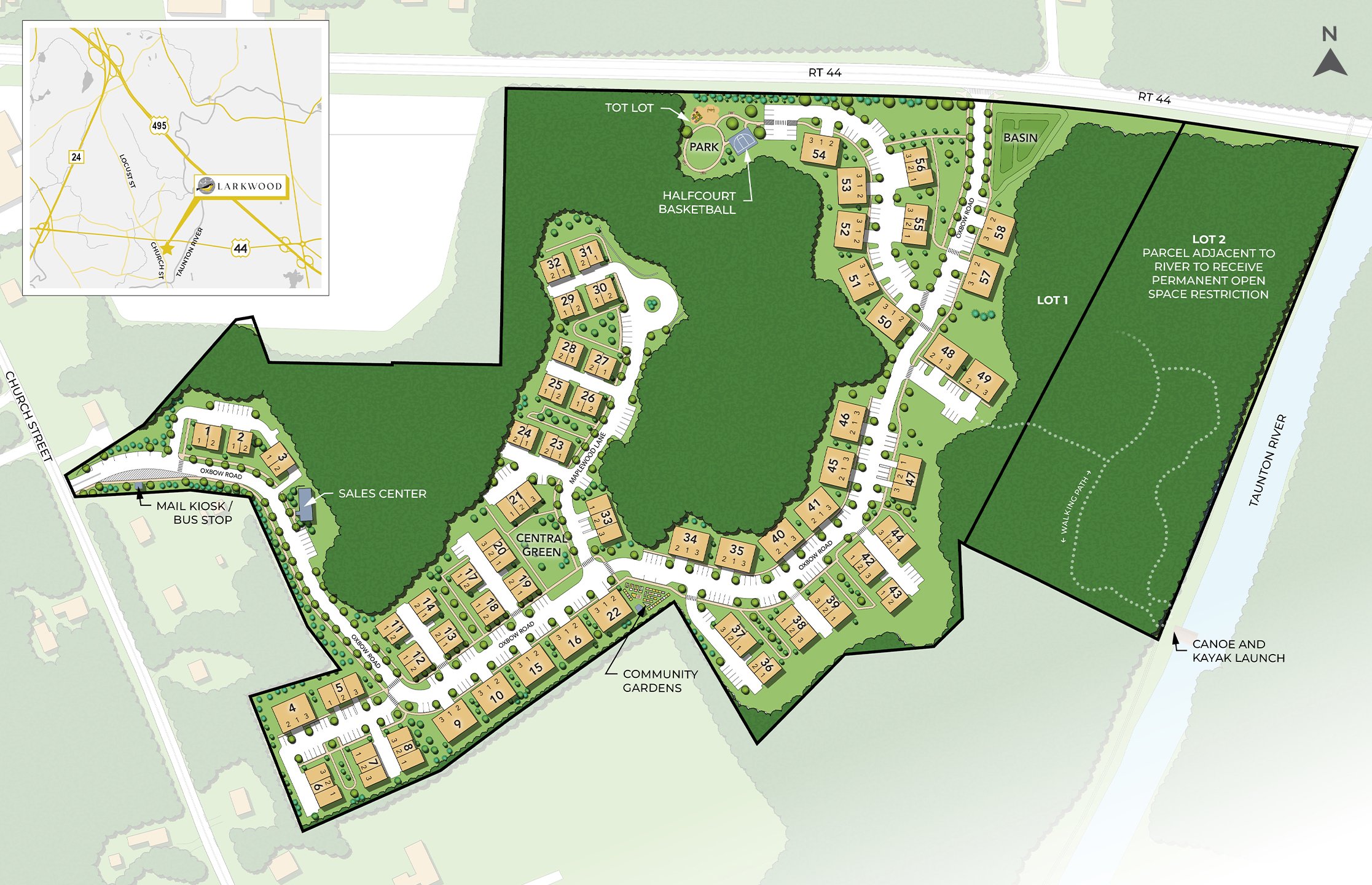 Site plan of Larkwood new construction community in Raynham MA with home sites and amenities