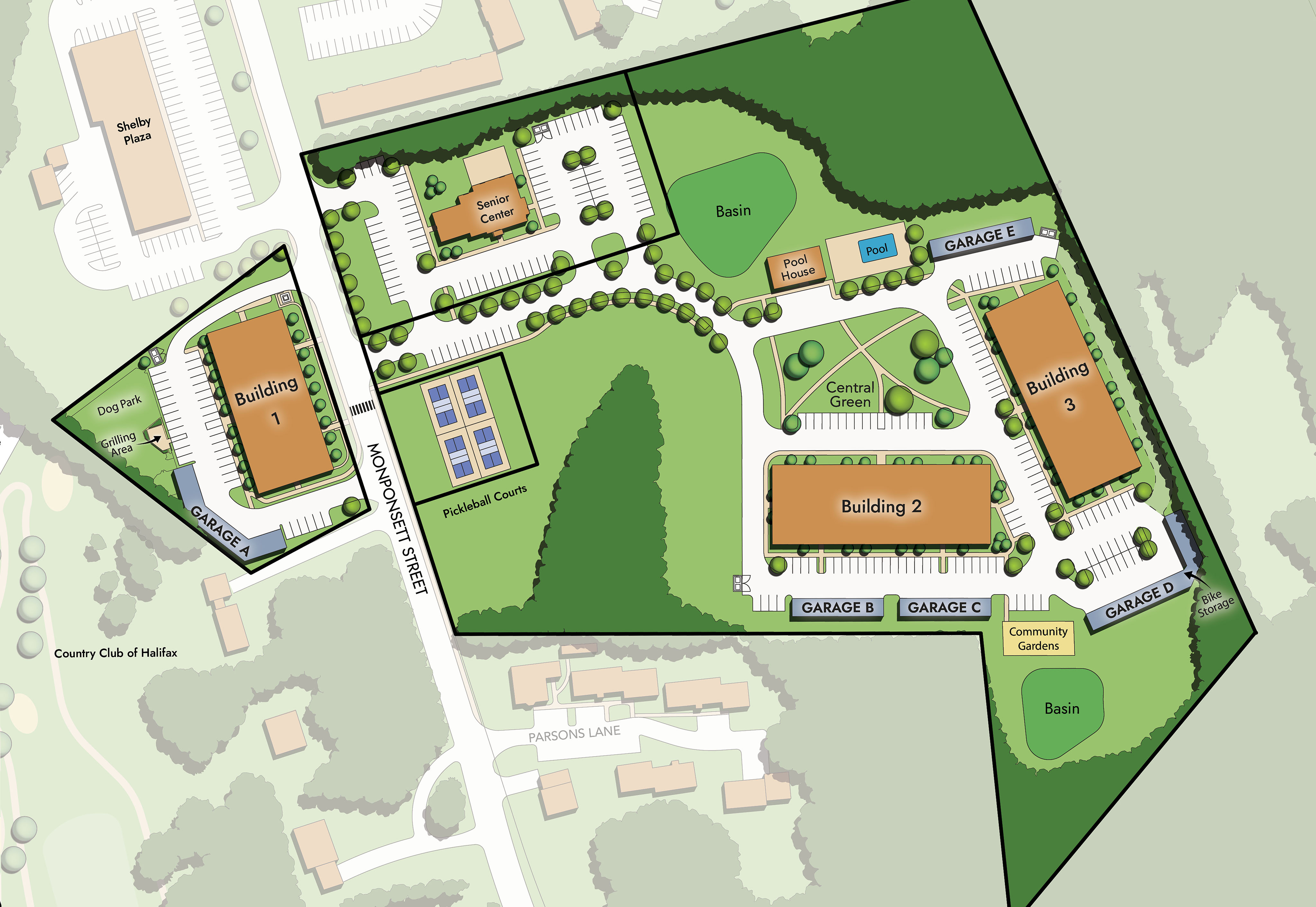 Site plan of Featherwinds 55+ condo community in Halifax MA showing building and amenity locations