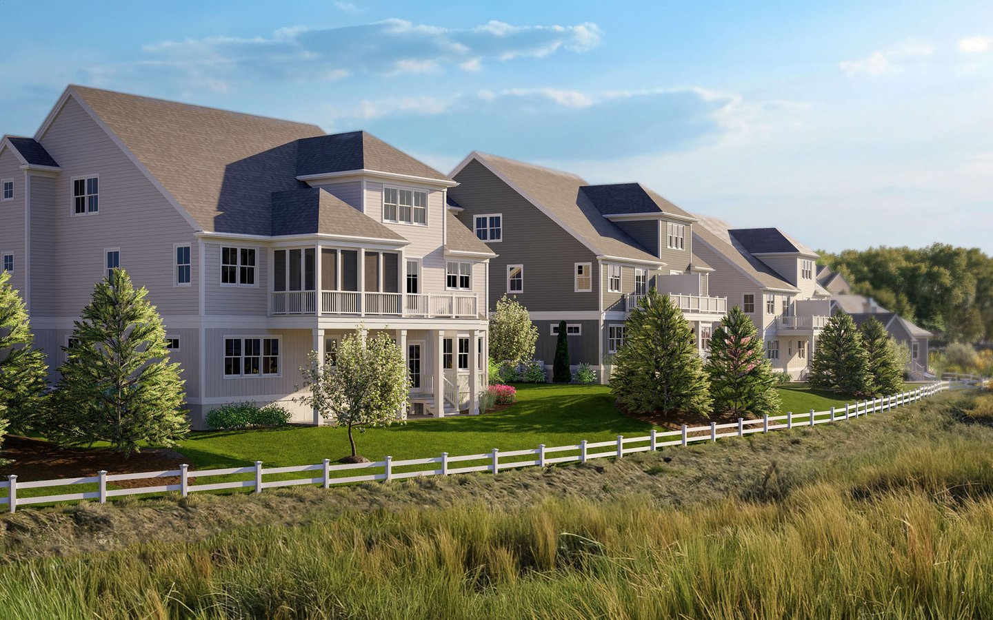 Rear exterior of new construction triplex homes at Alden's Reach condos in Plymouth MA