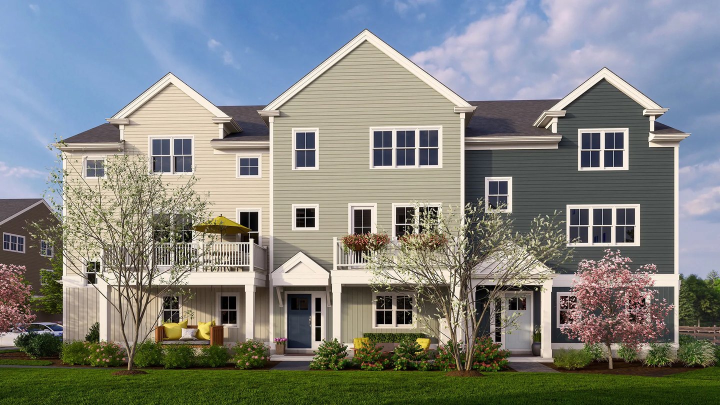 Rendering of Larkwood townhome courtyard in Raynham MA with spring landscaping