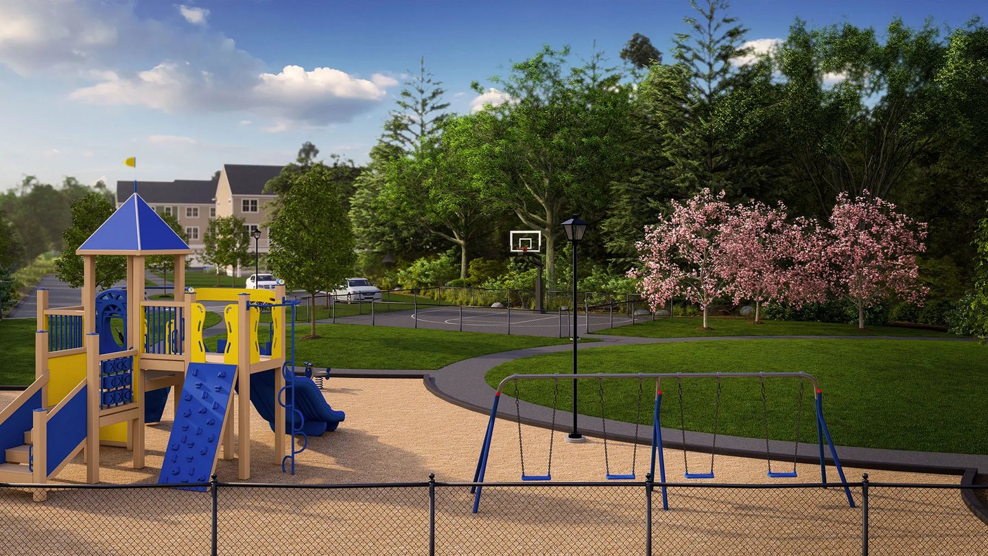 Rendering of playground and half-court basketball at Larkwood new homes in Raynham MA