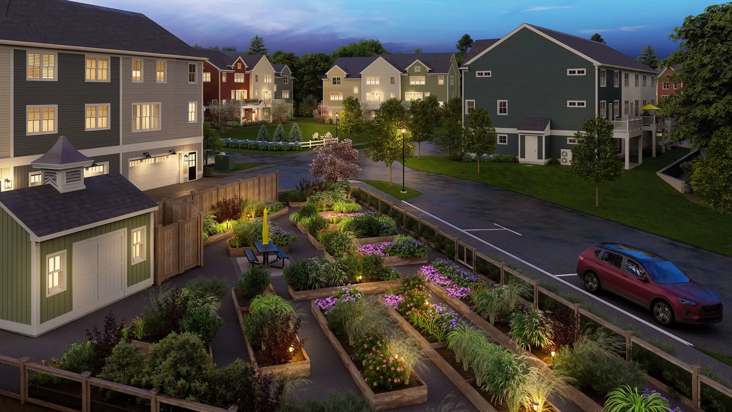 Evening rendering of Larkwood community gardens in Raynham MA with illuminated raised beds