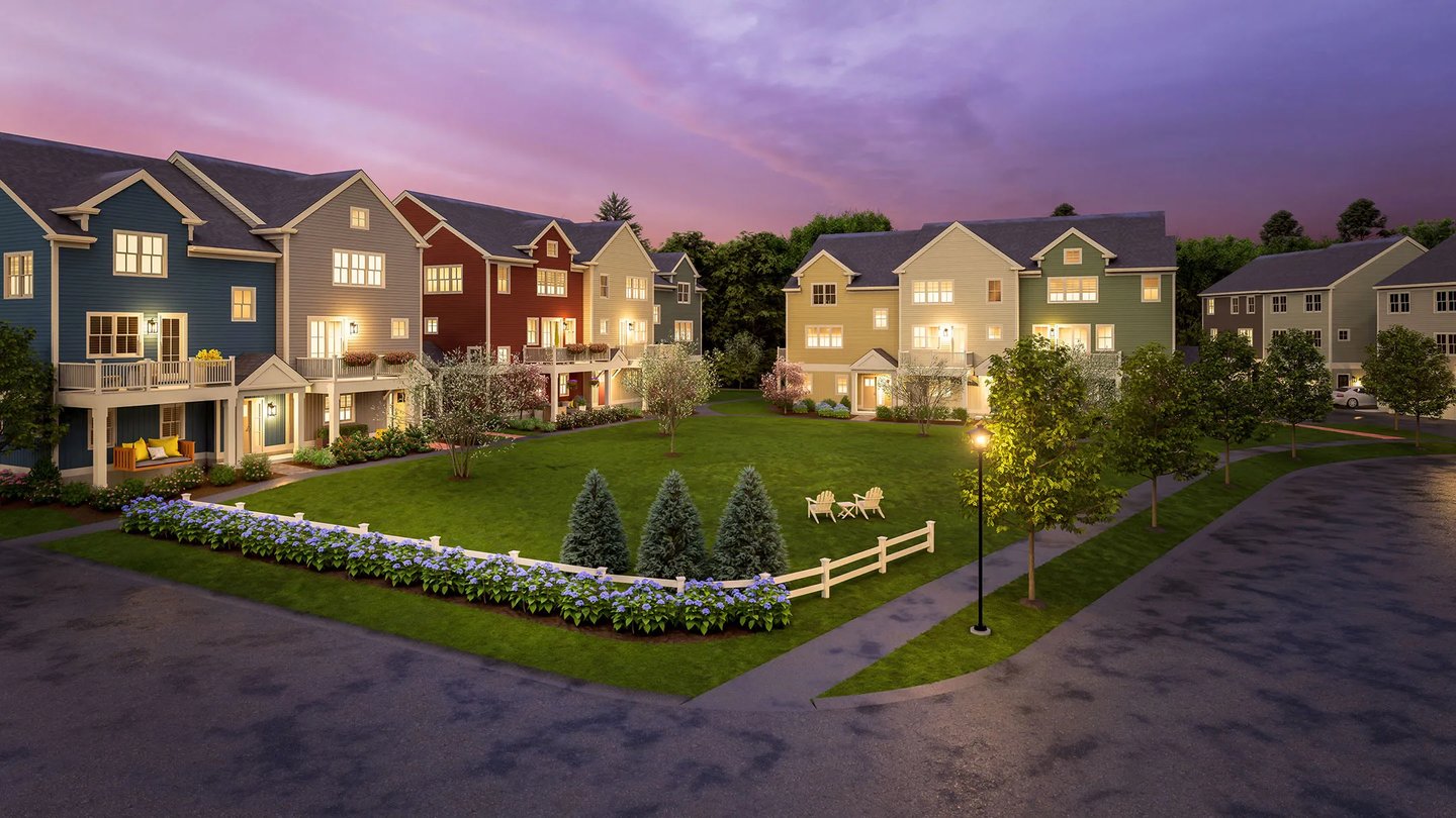 Rendering of Larkwood townhome community village green in Raynham MA at dusk