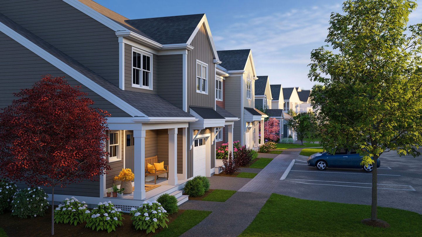 Morning exterior view of new construction homes at Alden's Reach condos in Plymouth MA