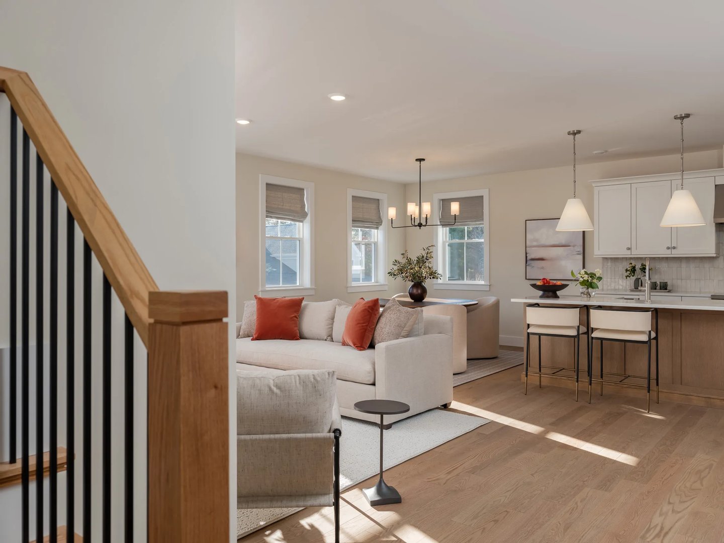 Kitchen and living area in the Pine at Alden's Reach in Plymouth MA