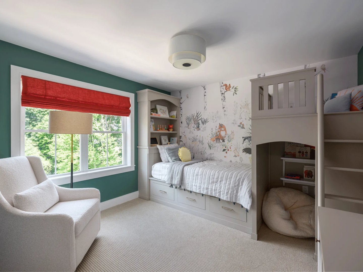 Custom built-in bunk bed in a children's bedroom at Larkwood new townhomes in Raynham MA