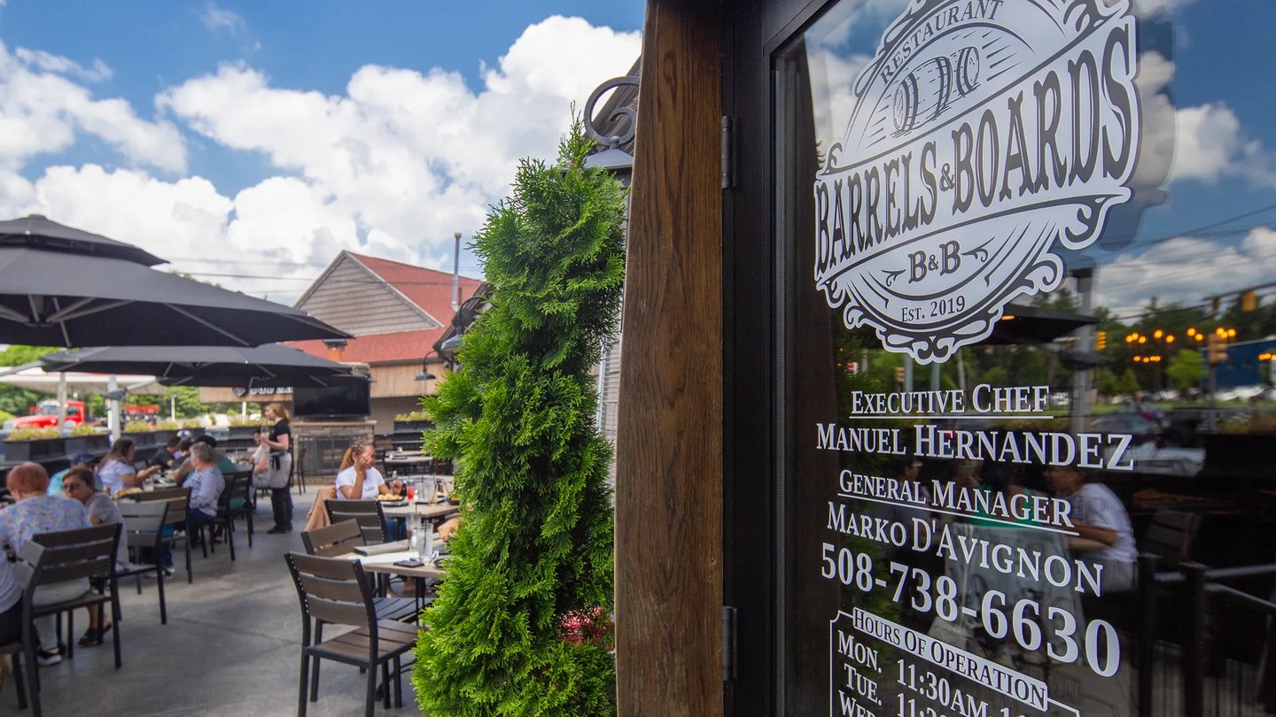 Barrels and Boards restaurant patio near Larkwood new homes in Raynham MA