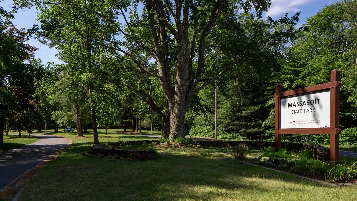 Massasoit State Park entrance sign near Larkwood new homes in Raynham MA