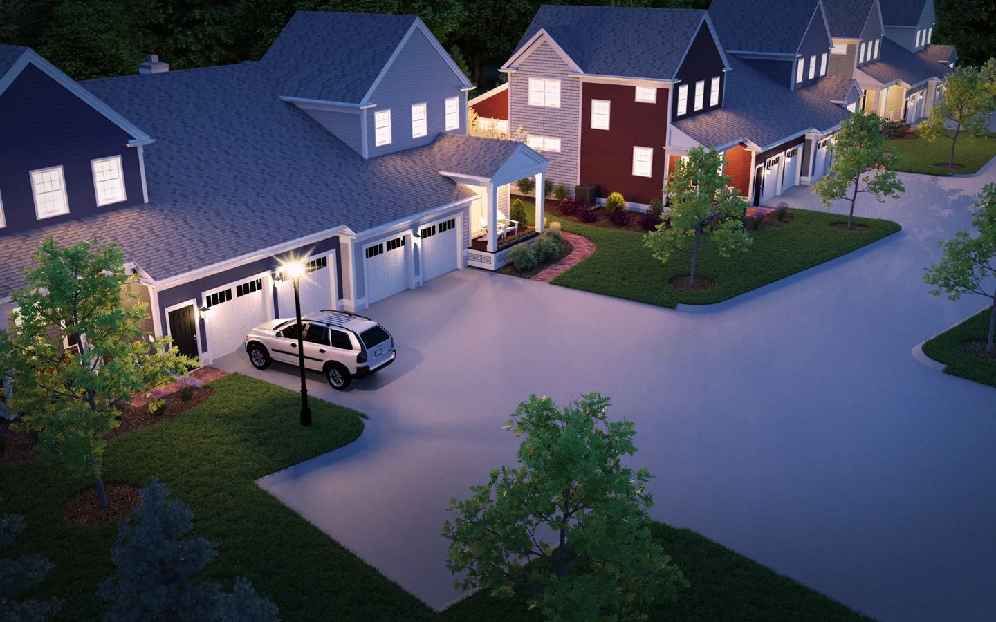 Twilight aerial of Summer Reach cul-de-sac homes by Thorndike Development in Plymouth Massachusetts