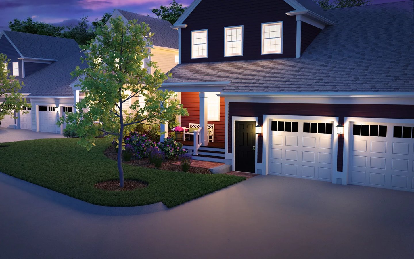 New England style home with garage and Japanese maple at Summer Reach active adult community Plymouth MA